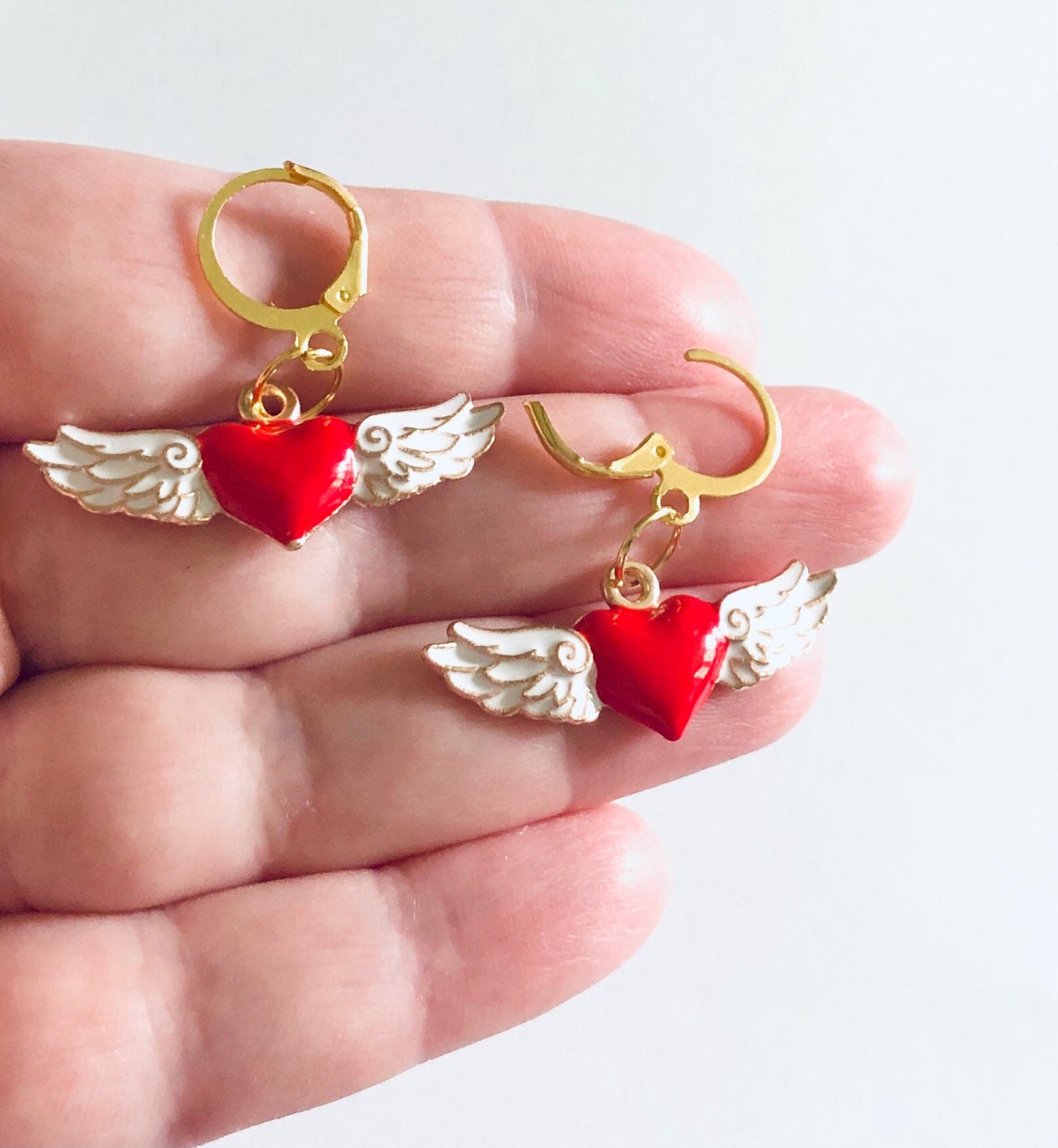 Red Heart Angel Wings Huggie Earrings, Gold Cherub Wings Enamel Charms On Gold Mini Hoops Huggies Hoop, Heaven Sent Indie Lovecore Aesthetic Egirl