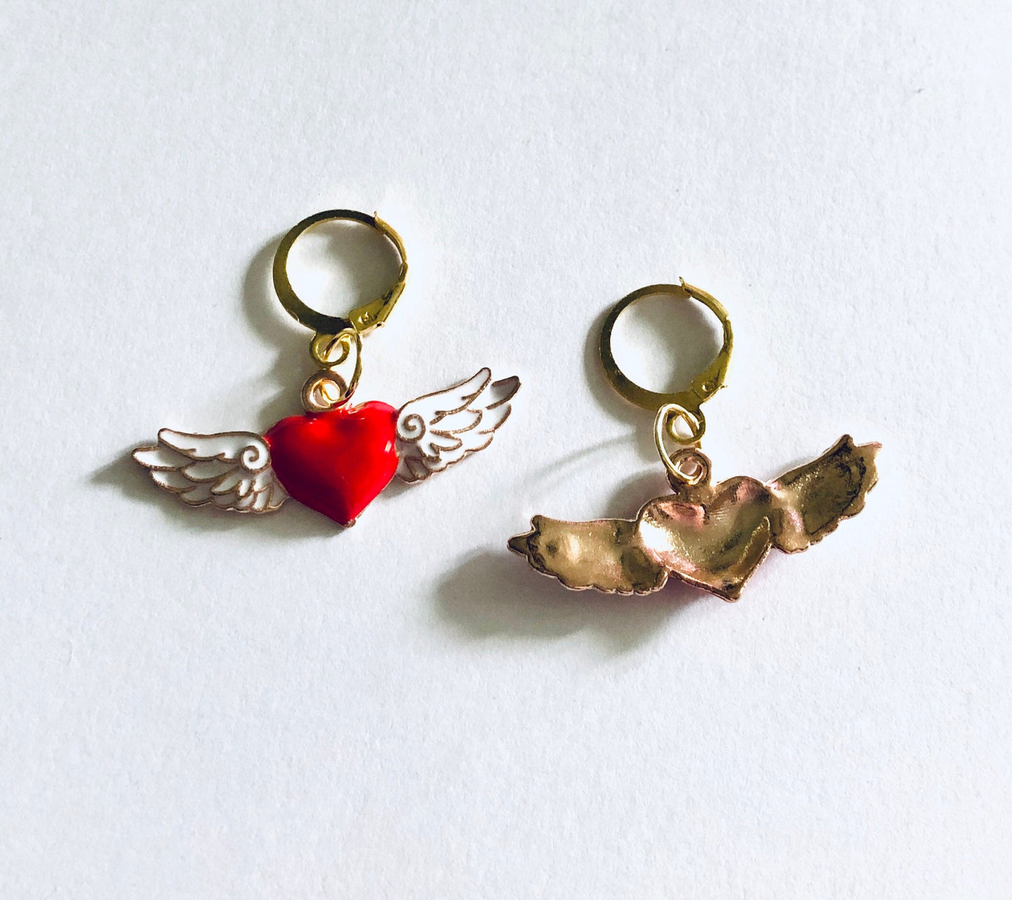 Red Heart Angel Wings Huggie Earrings, Gold Cherub Wings Enamel Charms On Gold Mini Hoops Huggies Hoop, Heaven Sent Indie Lovecore Aesthetic Egirl