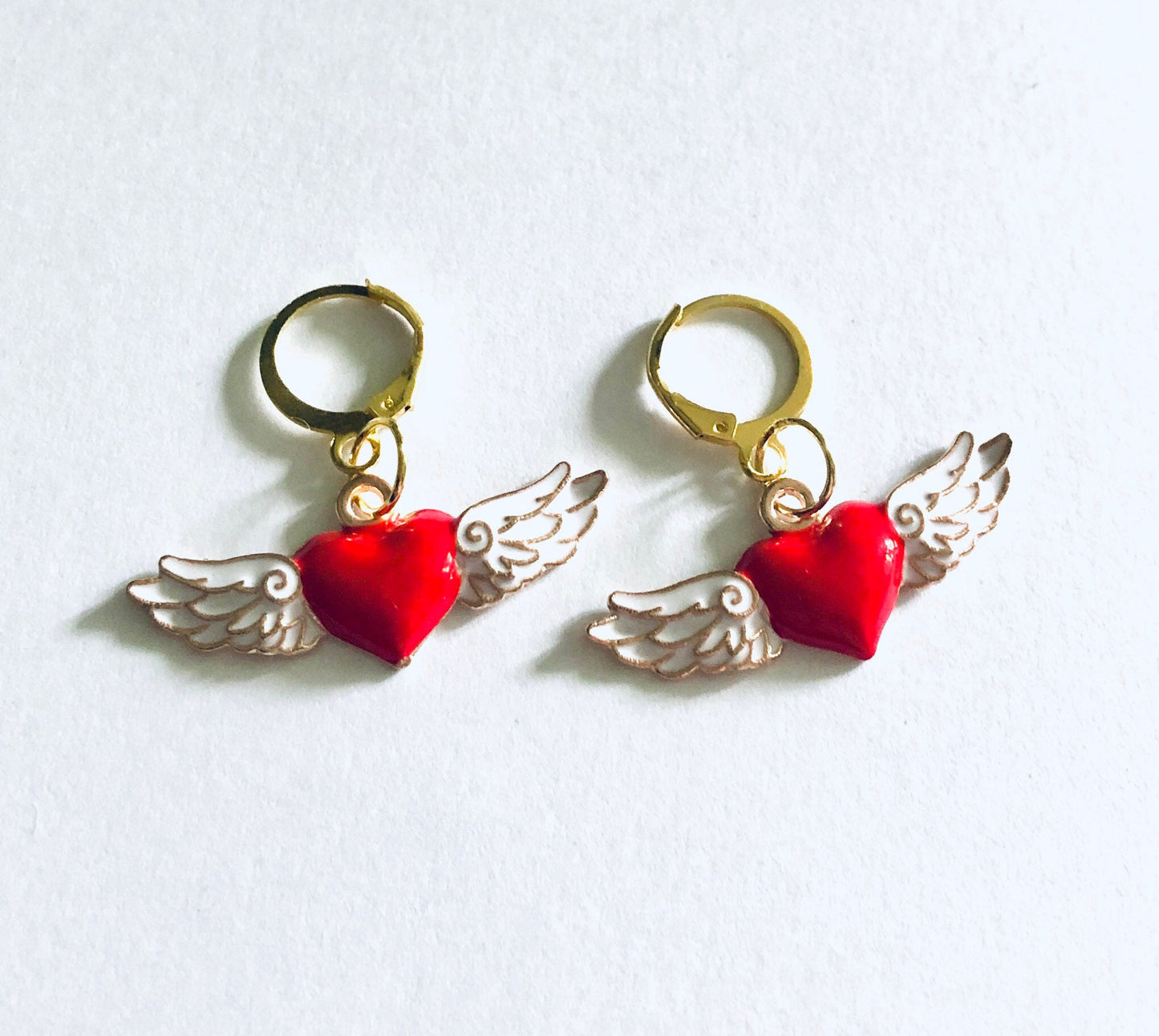 Red Heart Angel Wings Huggie Earrings, Gold Cherub Wings Enamel Charms On Gold Mini Hoops Huggies Hoop, Heaven Sent Indie Lovecore Aesthetic Egirl