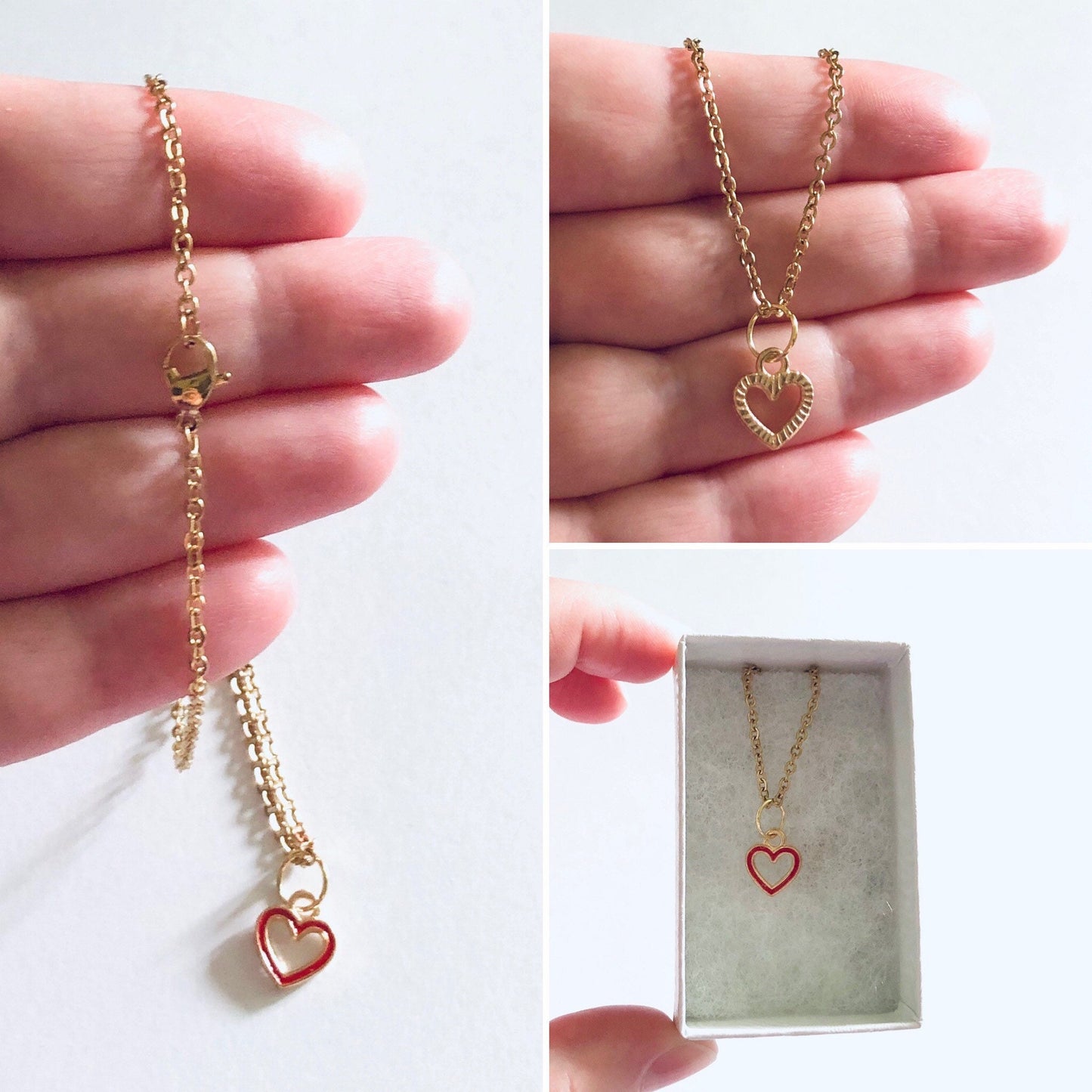 Dainty Gold Heart Necklace, Cutout with Red Outline Heart Charm, Gold Plated Chain Over Stainless Steel, Lovecore aesthetic Valentine’s day