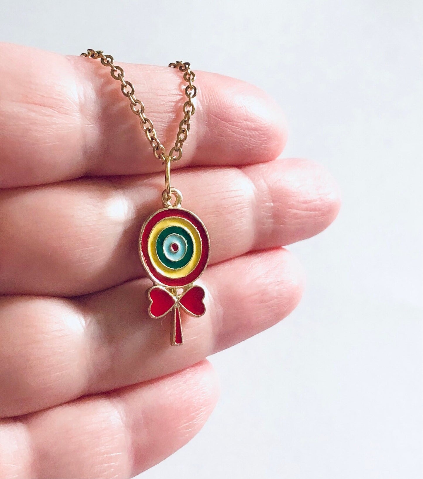 Kawaii Lollipop Necklace, Lolita Cute Kidcore Aesthetic, Gold Lolly Pop Necklace, Gold Plated Chain Over Stainless Steel Enamel Charm