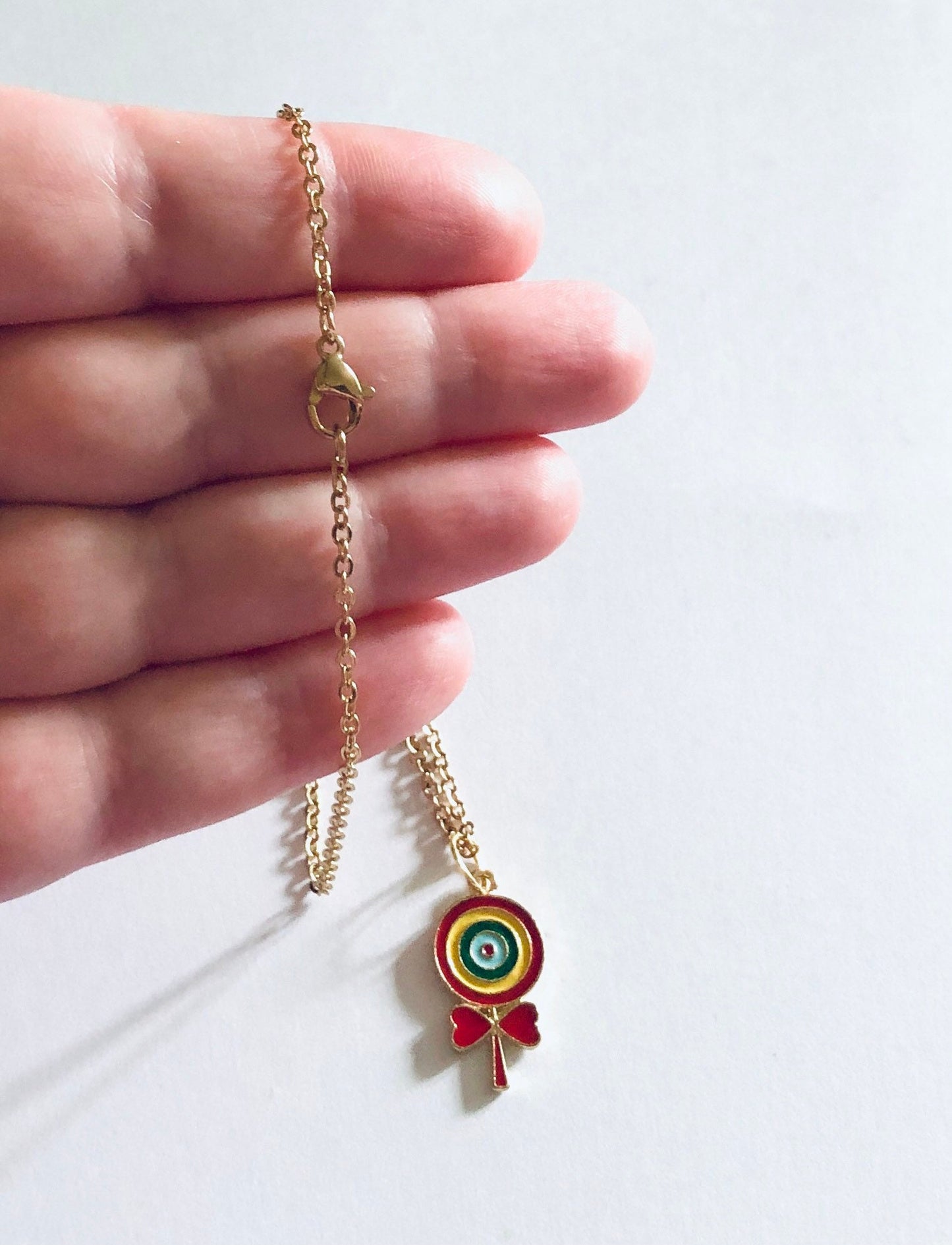 Kawaii Lollipop Necklace, Lolita Cute Kidcore Aesthetic, Gold Lolly Pop Necklace, Gold Plated Chain Over Stainless Steel Enamel Charm