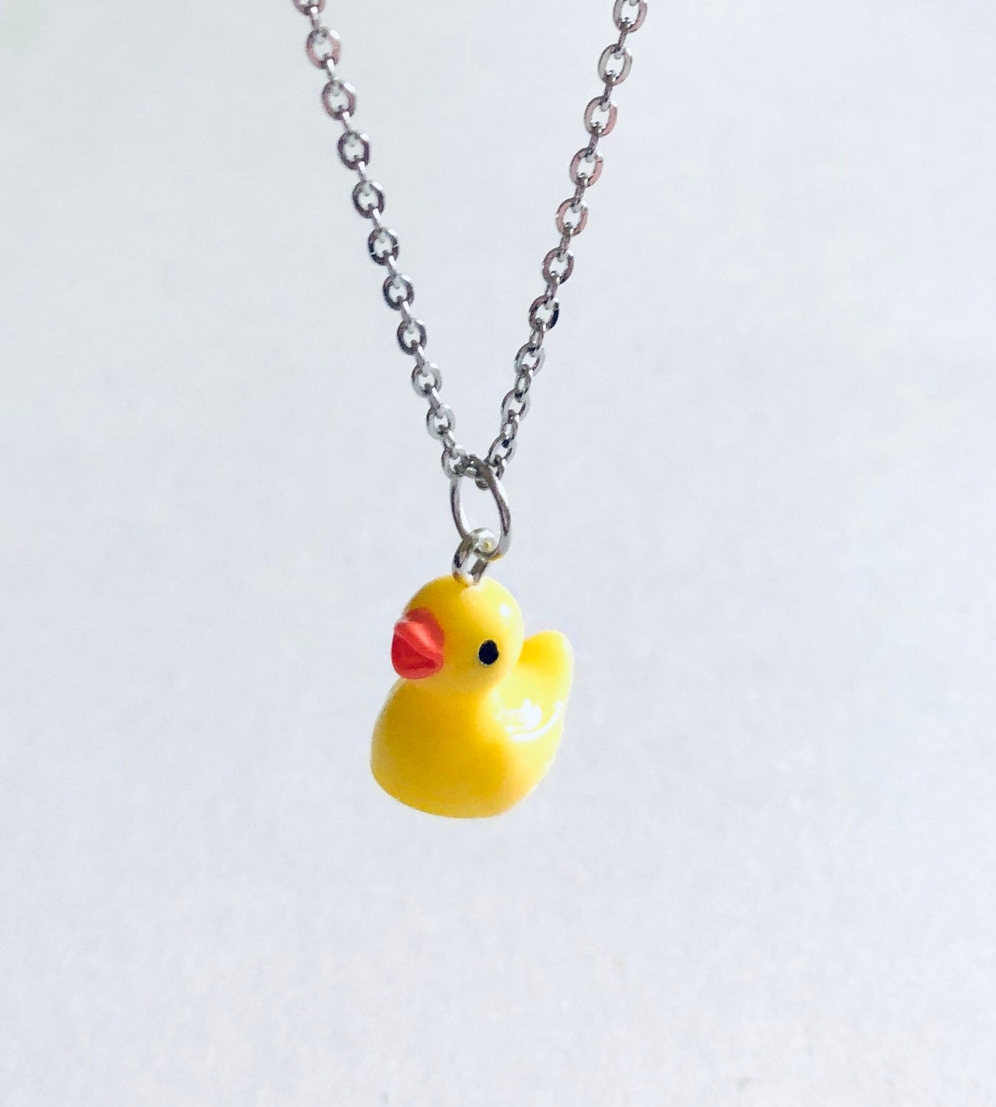 Rubber Duckie Necklace, Resin Yellow Duck Charm on Silver Stainless Steel Chain, Cute Kidcore Aesthetic Indie Girl Egirl Easter