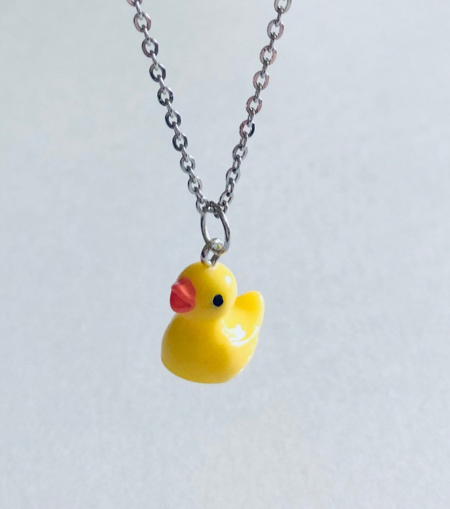 Rubber Duckie Necklace, Resin Yellow Duck Charm on Silver Stainless Steel Chain, Cute Kidcore Aesthetic Indie Girl Egirl Easter