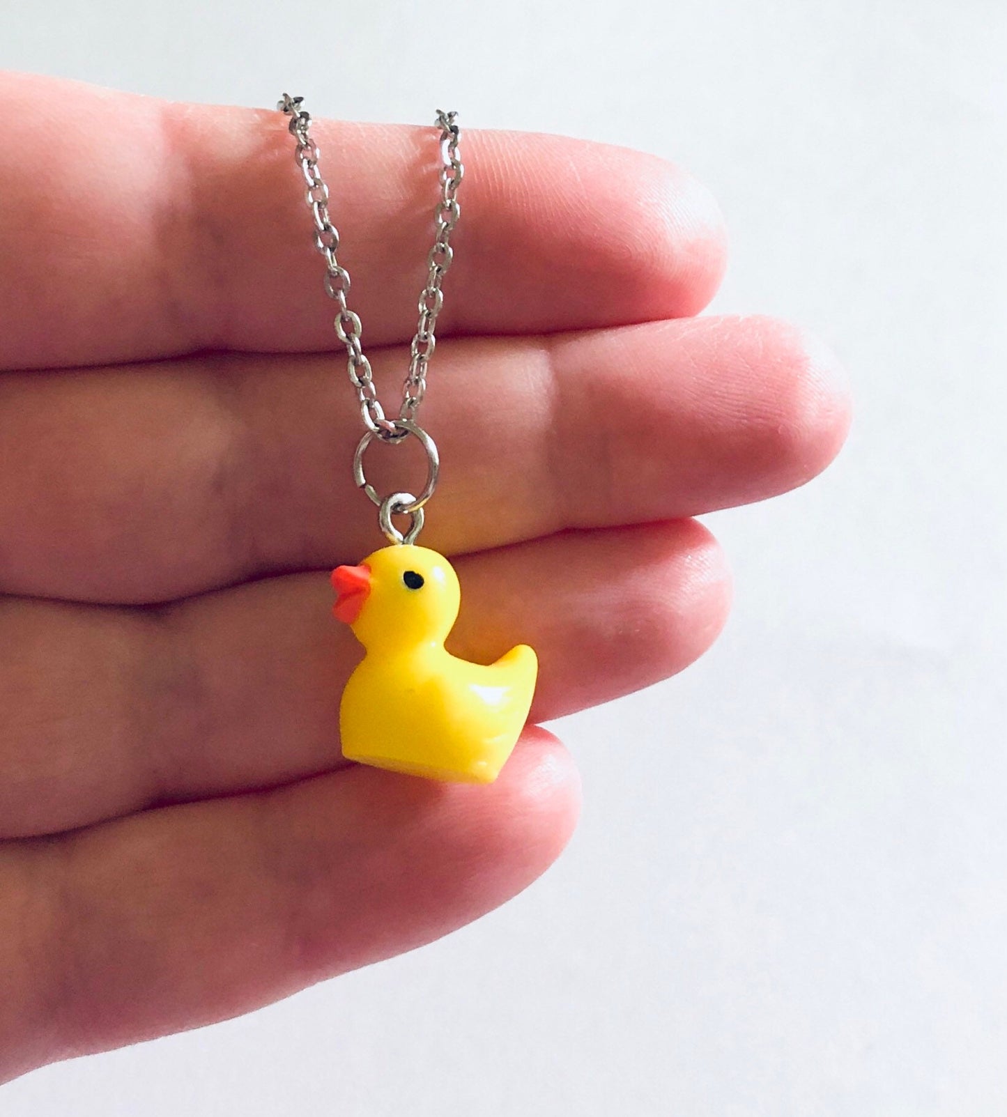 Rubber Duckie Necklace, Resin Yellow Duck Charm on Silver Stainless Steel Chain, Cute Kidcore Aesthetic Indie Girl Egirl Easter