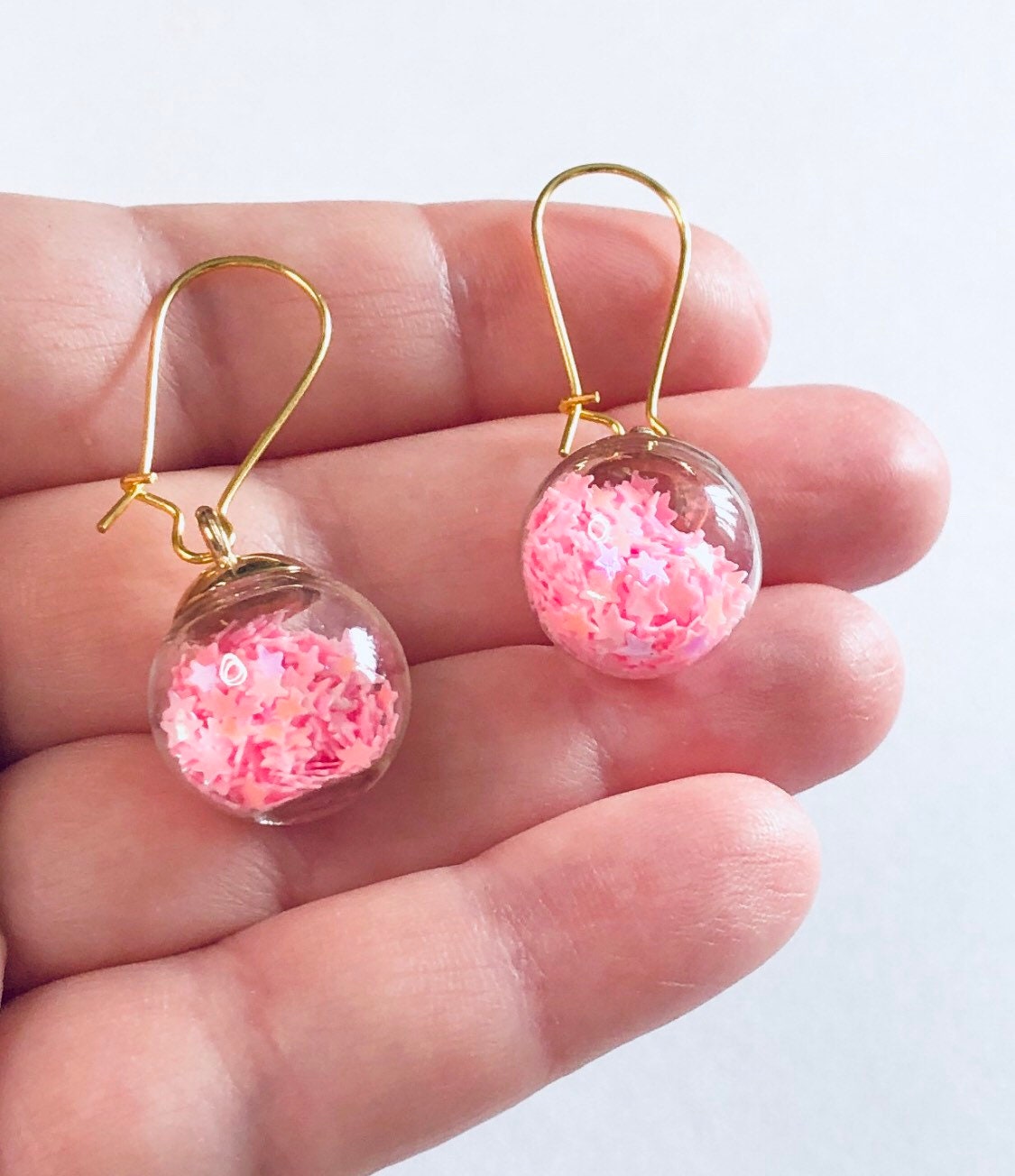 Pink Ball Gold Earrings, 3D Glass Balls with Pink Sparkle Glitter Inside, Drop Dangle Party Earrings, Pretty Girly Pink Egirl