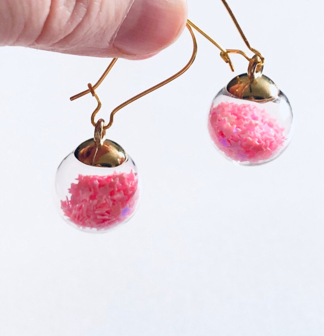 Pink Ball Gold Earrings, 3D Glass Balls with Pink Sparkle Glitter Inside, Drop Dangle Party Earrings, Pretty Girly Pink Egirl