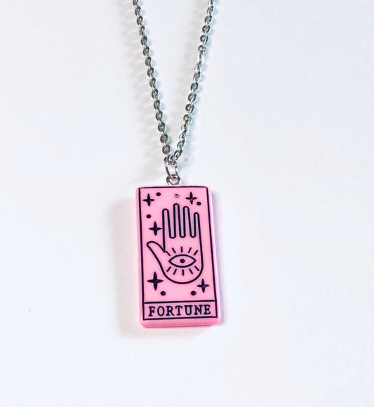 Fortune Pink Palmistry Hand Necklace, Witchy AF Divination Stainless Steel Chain Resin Charm Wicca Wiccan Witch