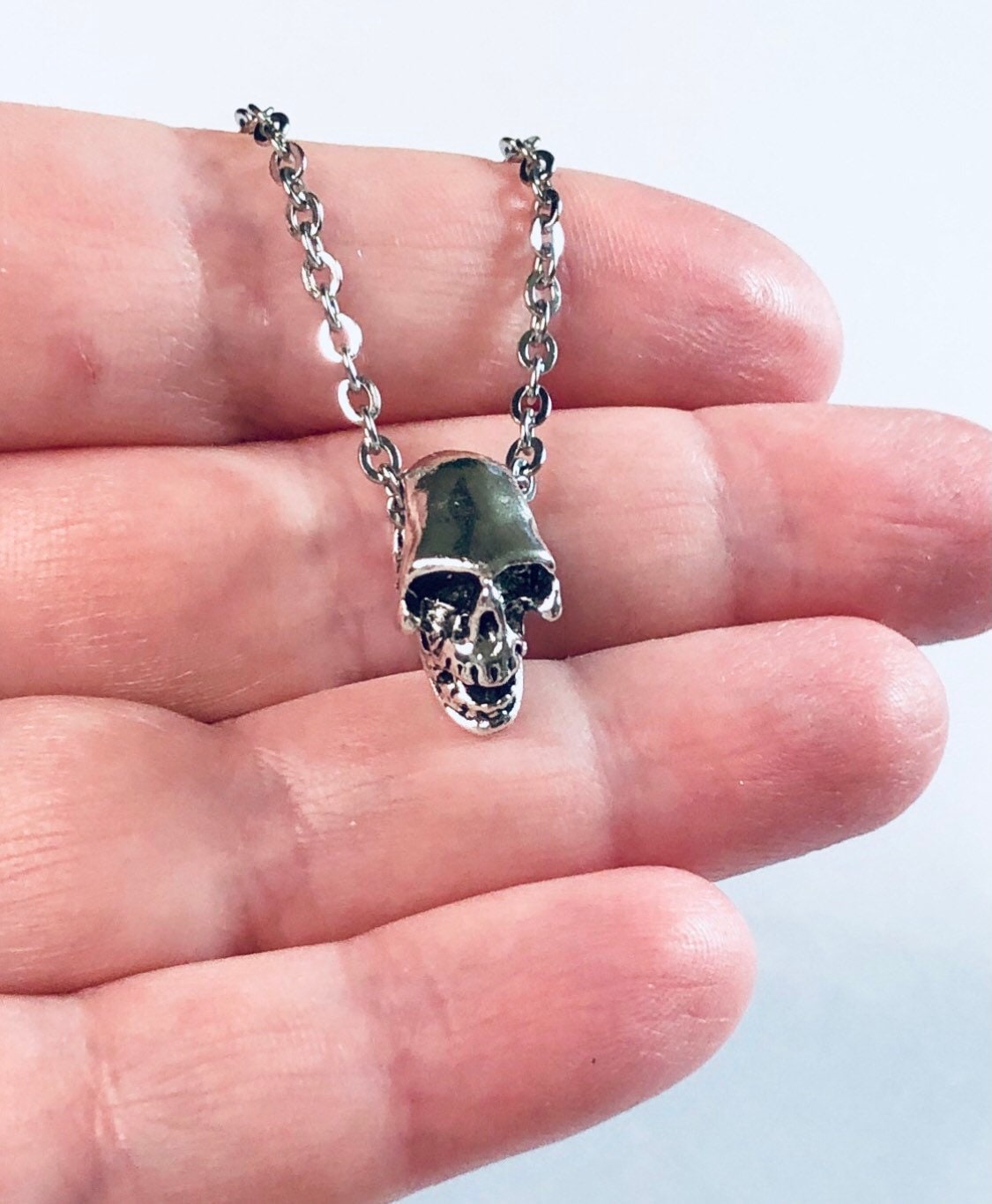 Silver 3D Skull Necklace Stainless Steel Chain Unisex, Spooky Halloween Witchy Woman Wicca, Indie Mall Goth Gothic Girl Aesthetic