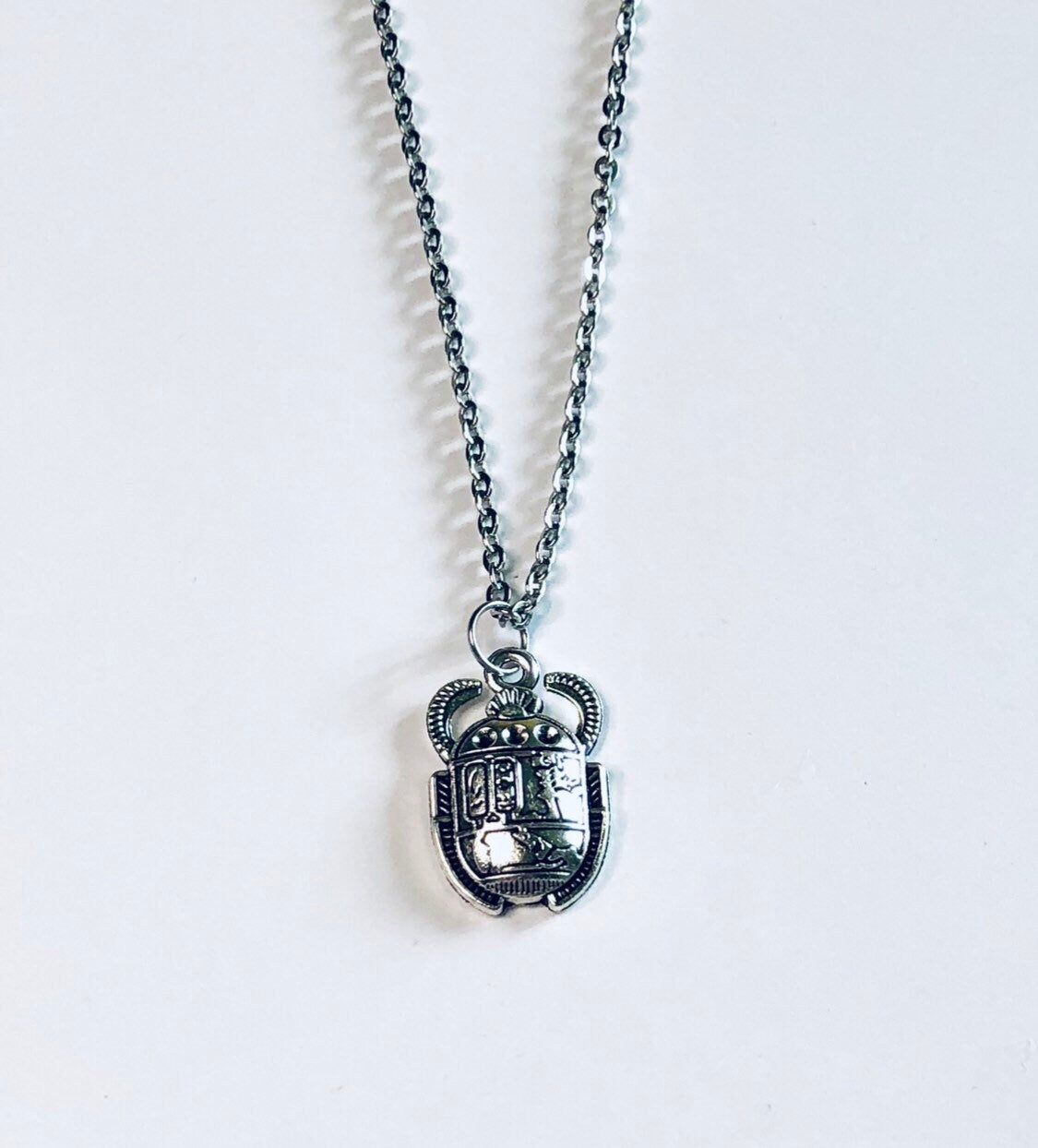 Egyptian Scarab Beatle Necklace Stainless Steel Chain, Silver Bug Charm, Occult Esoteric Egypt Jewelry Witchy Woman