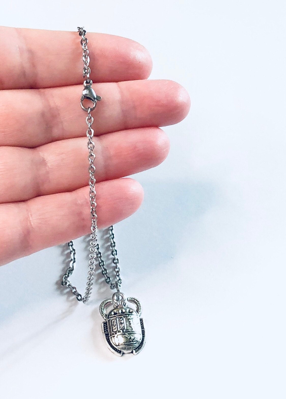 Egyptian Scarab Beatle Necklace Stainless Steel Chain, Silver Bug Charm, Occult Esoteric Egypt Jewelry Witchy Woman