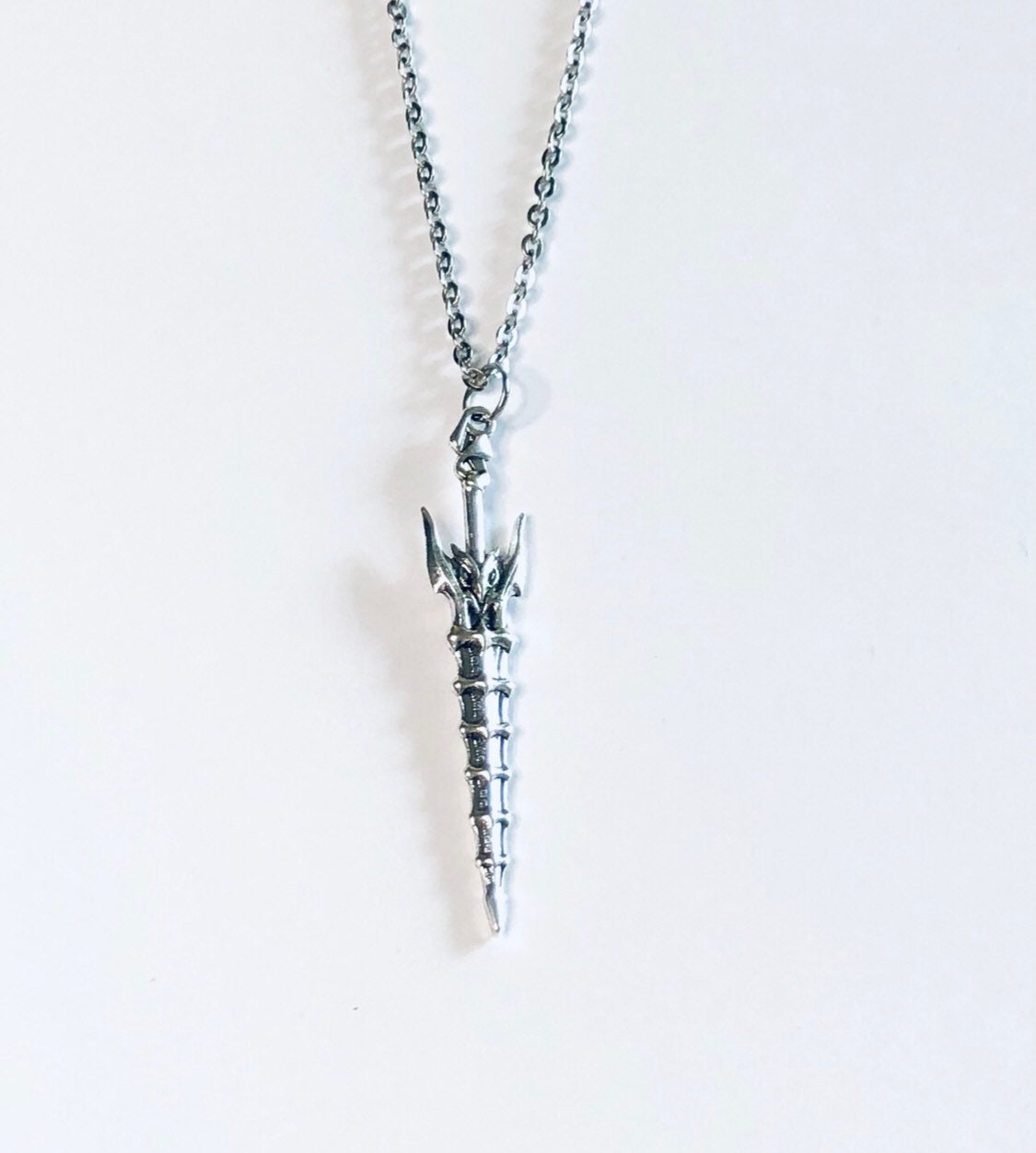 Silver Sword Necklace Unisex Stainless Steel Chain, Little Owl on Weapon, Medieval Nordic Norseman Viking Jewelry Occult Esoteric Ninja