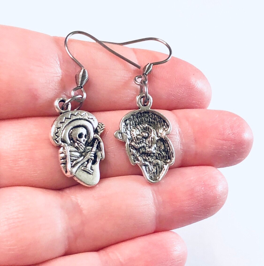 Mexican Skeleton Earrings with Ukulele Guitar & Sombrero Hat On, Unisex Day Of The Dead Earrings