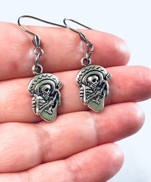 Mexican Skeleton Earrings with Ukulele Guitar & Sombrero Hat On, Unisex Day Of The Dead Earrings