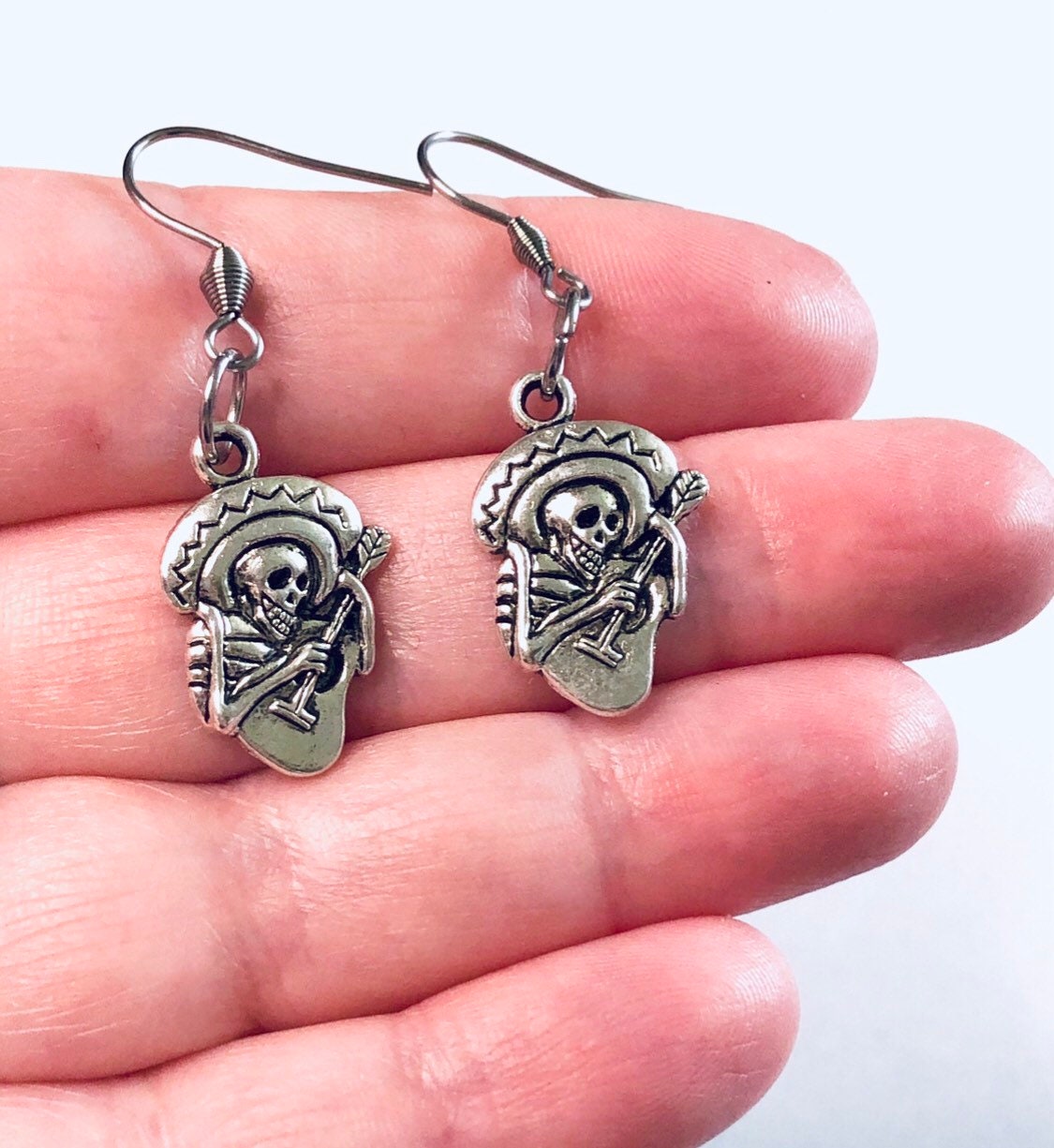 Mexican Skeleton Earrings with Ukulele Guitar & Sombrero Hat On, Unisex Day Of The Dead Earrings