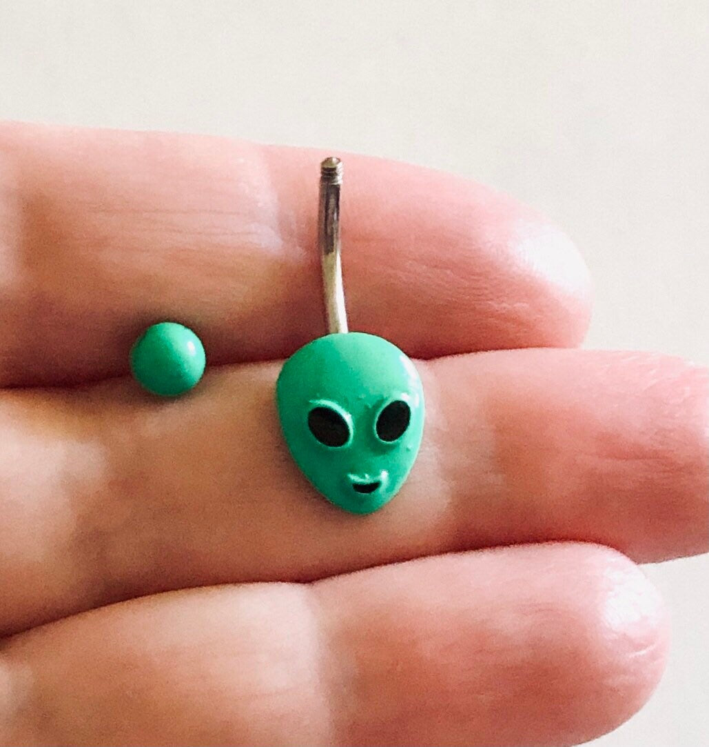 Green Alien Belly Button Ring, Navel Piercing, Navel Ring, Aliens Belly Ring, Stainless Steel, Space Man Body Jewelry