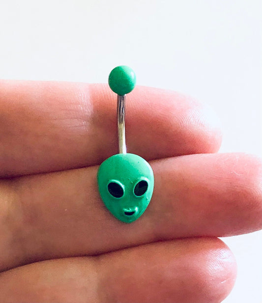 Green Alien Belly Button Ring, Navel Piercing, Navel Ring, Aliens Belly Ring, Stainless Steel, Space Man Body Jewelry