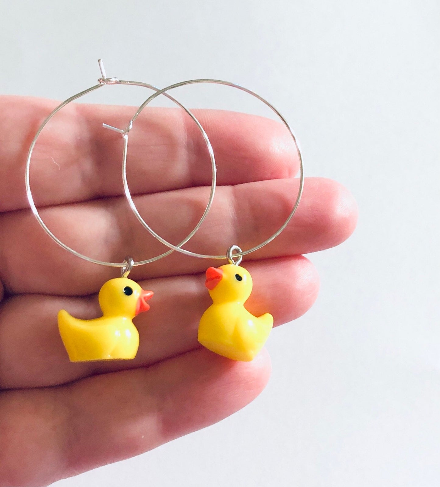 Little Yellow Rubber Duckie Silver Tone Hoop Earrings with Duck Charm Charms, Kawaii Cute