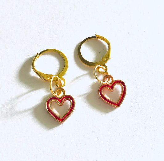 Red Heart Huggie Earrings, Gold Mini Hoops with Cut Out Heart Charm Red Enamel, Gold Huggies Hoops, Sweet Cute Love Core Aesthetic