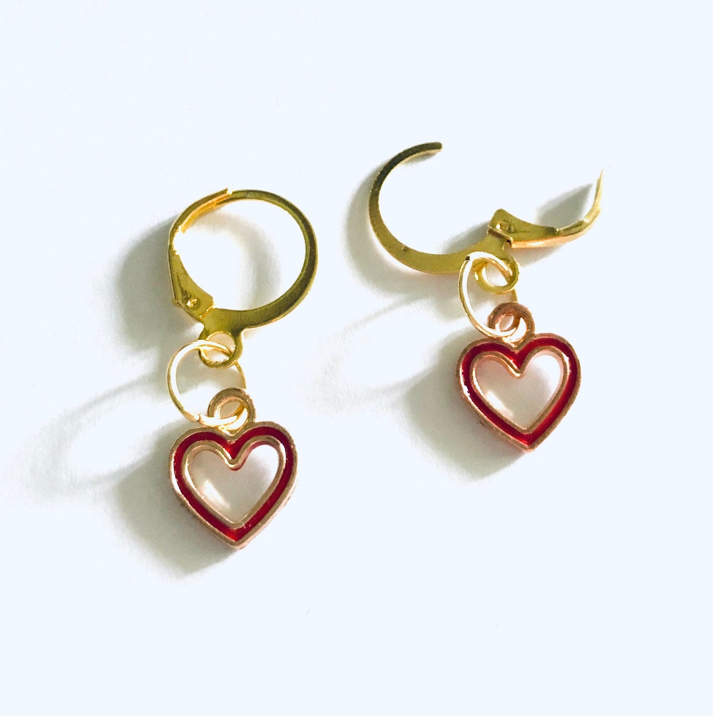 Red Heart Huggie Earrings, Gold Mini Hoops with Cut Out Heart Charm Red Enamel, Gold Huggies Hoops, Sweet Cute Love Core Aesthetic