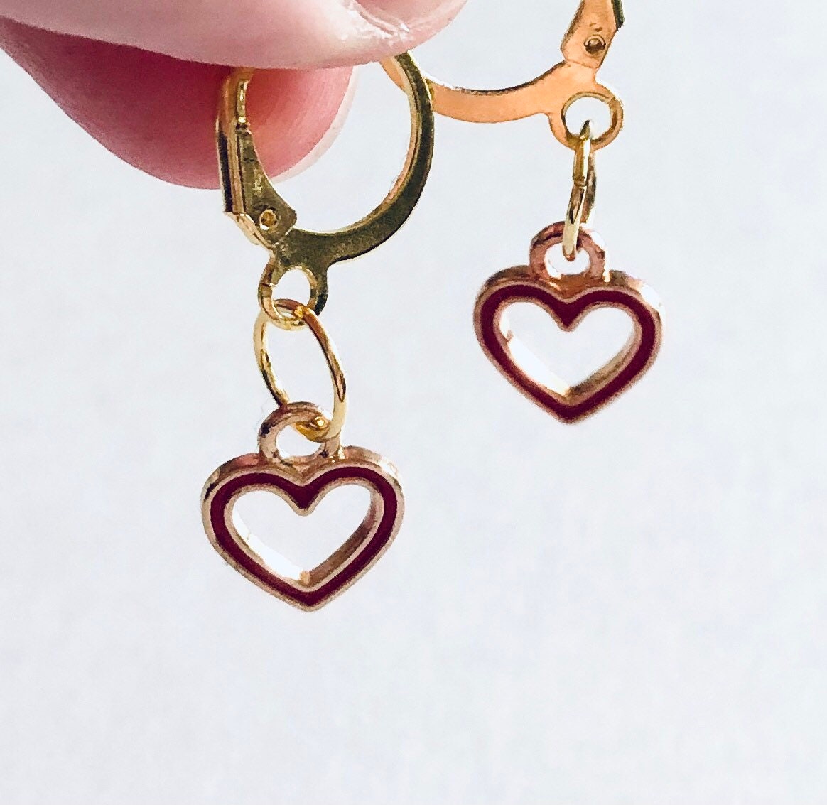 Red Heart Huggie Earrings, Gold Mini Hoops with Cut Out Heart Charm Red Enamel, Gold Huggies Hoops, Sweet Cute Love Core Aesthetic