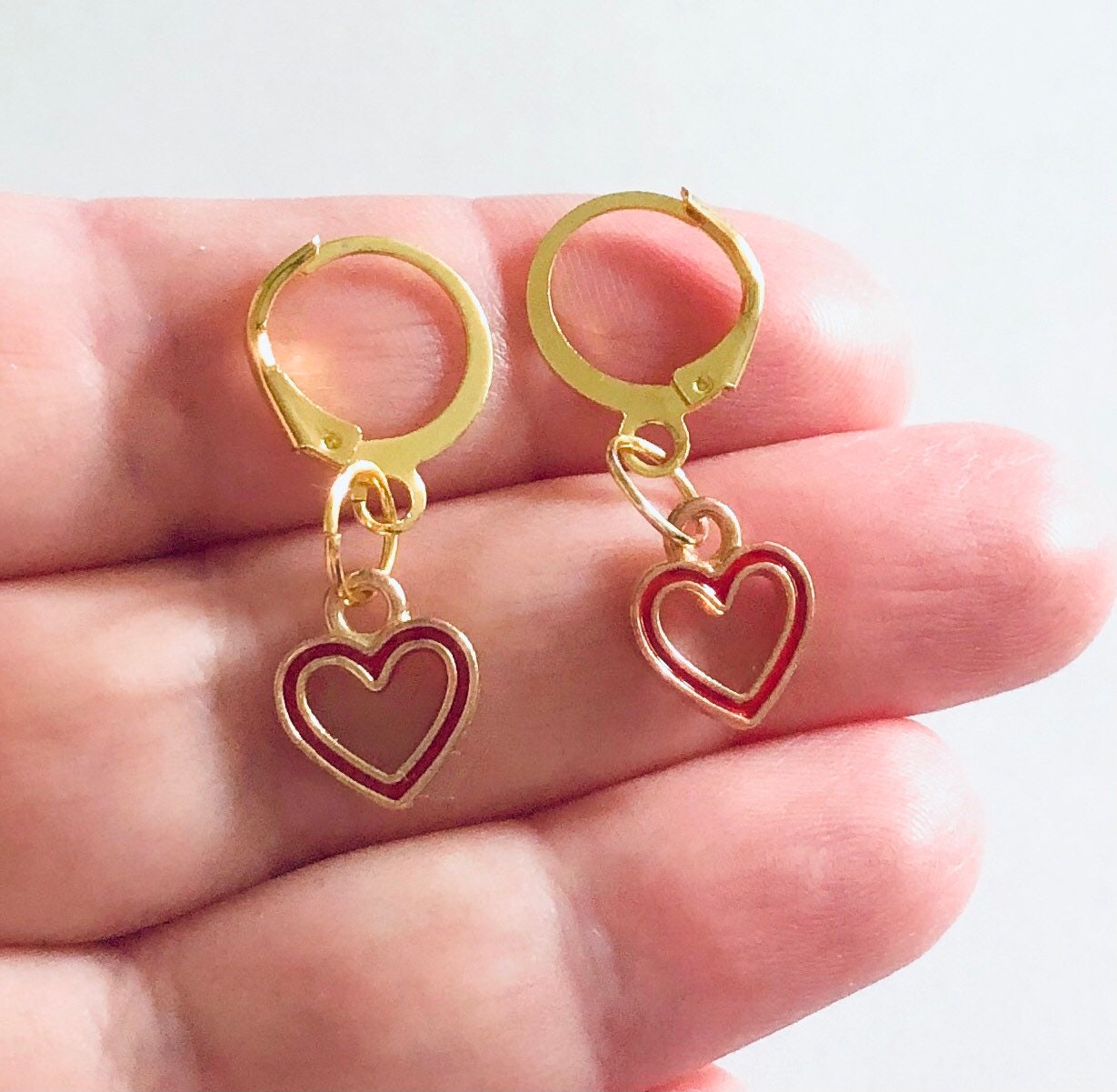 Red Heart Huggie Earrings, Gold Mini Hoops with Cut Out Heart Charm Red Enamel, Gold Huggies Hoops, Sweet Cute Love Core Aesthetic