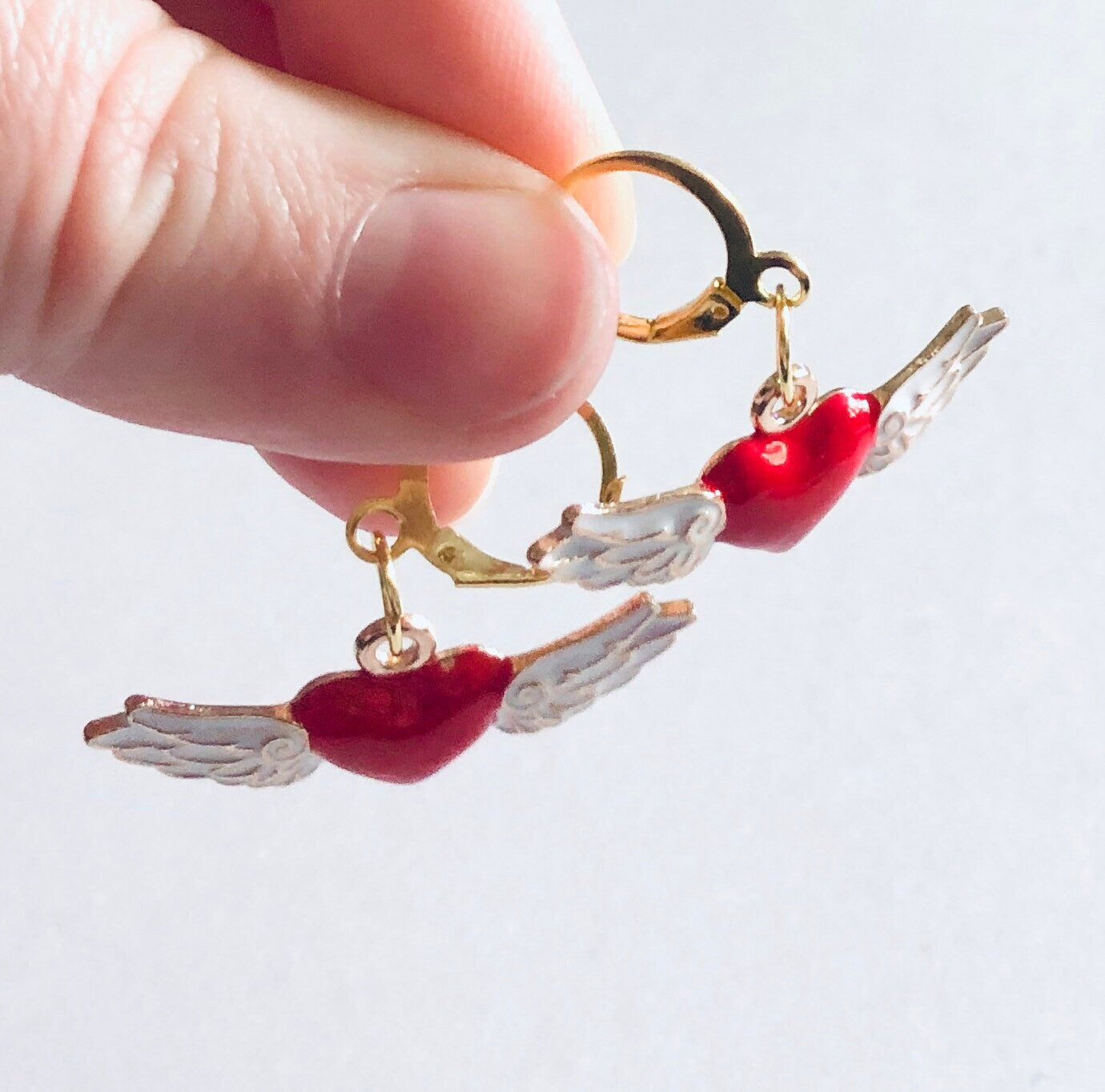 Red Heart Angel Wings Huggie Earrings, Gold Cherub Wings Enamel Charms On Gold Mini Hoops Huggies Hoop, Heaven Sent Indie Lovecore Aesthetic Egirl