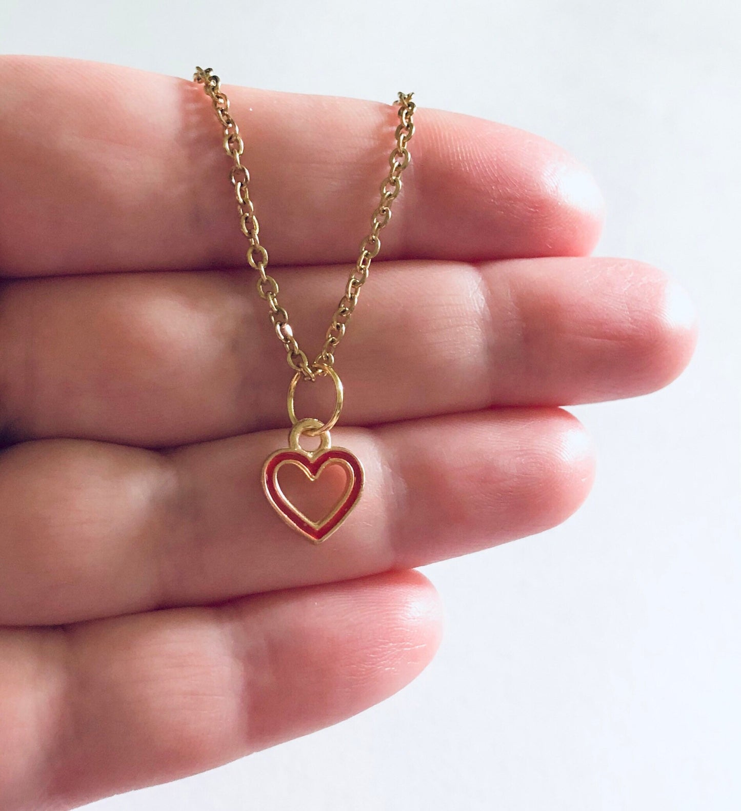 Dainty Gold Heart Necklace, Cutout with Red Outline Heart Charm, Gold Plated Chain Over Stainless Steel, Lovecore aesthetic Valentine’s day