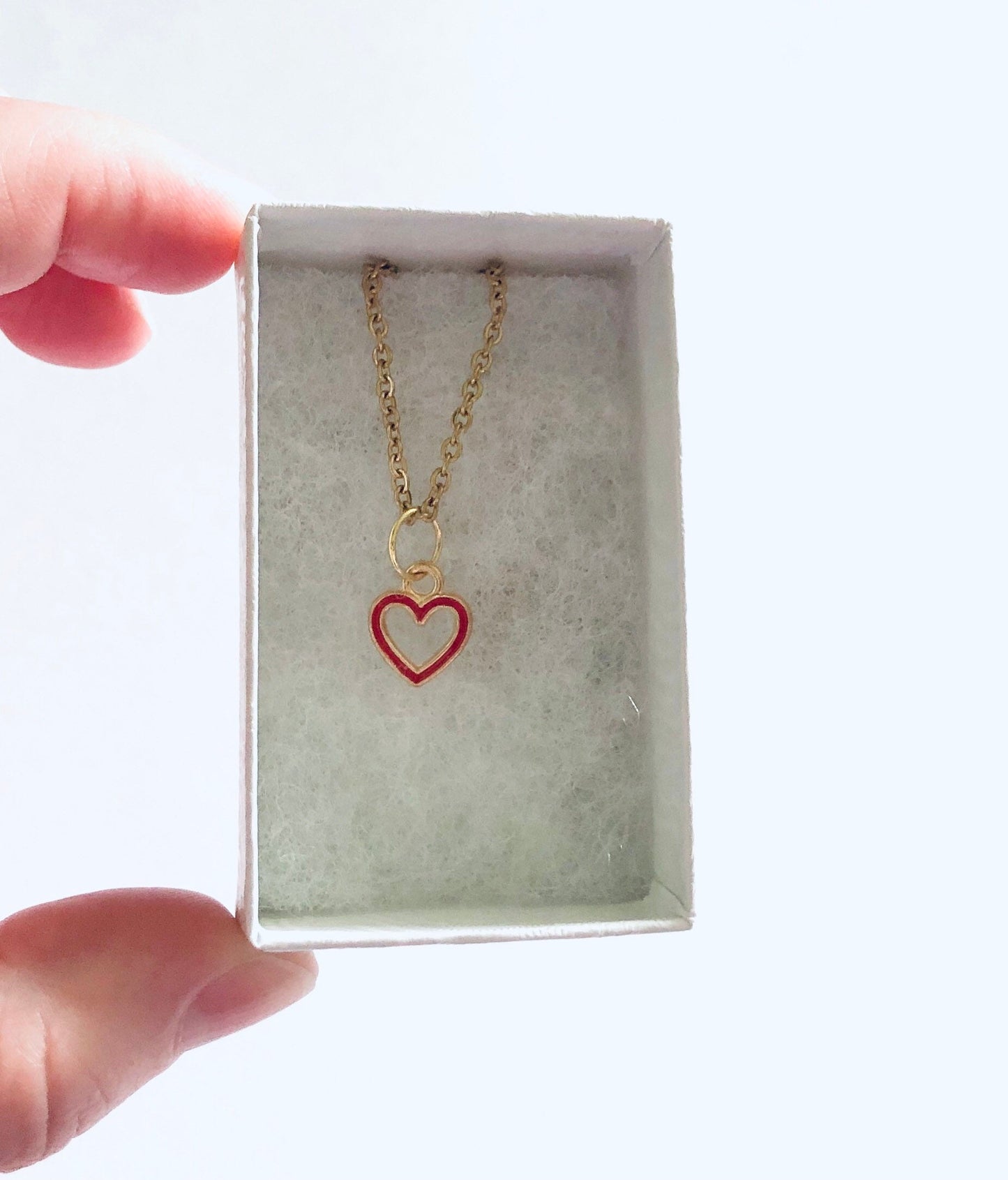 Dainty Gold Heart Necklace, Cutout with Red Outline Heart Charm, Gold Plated Chain Over Stainless Steel, Lovecore aesthetic Valentine’s day