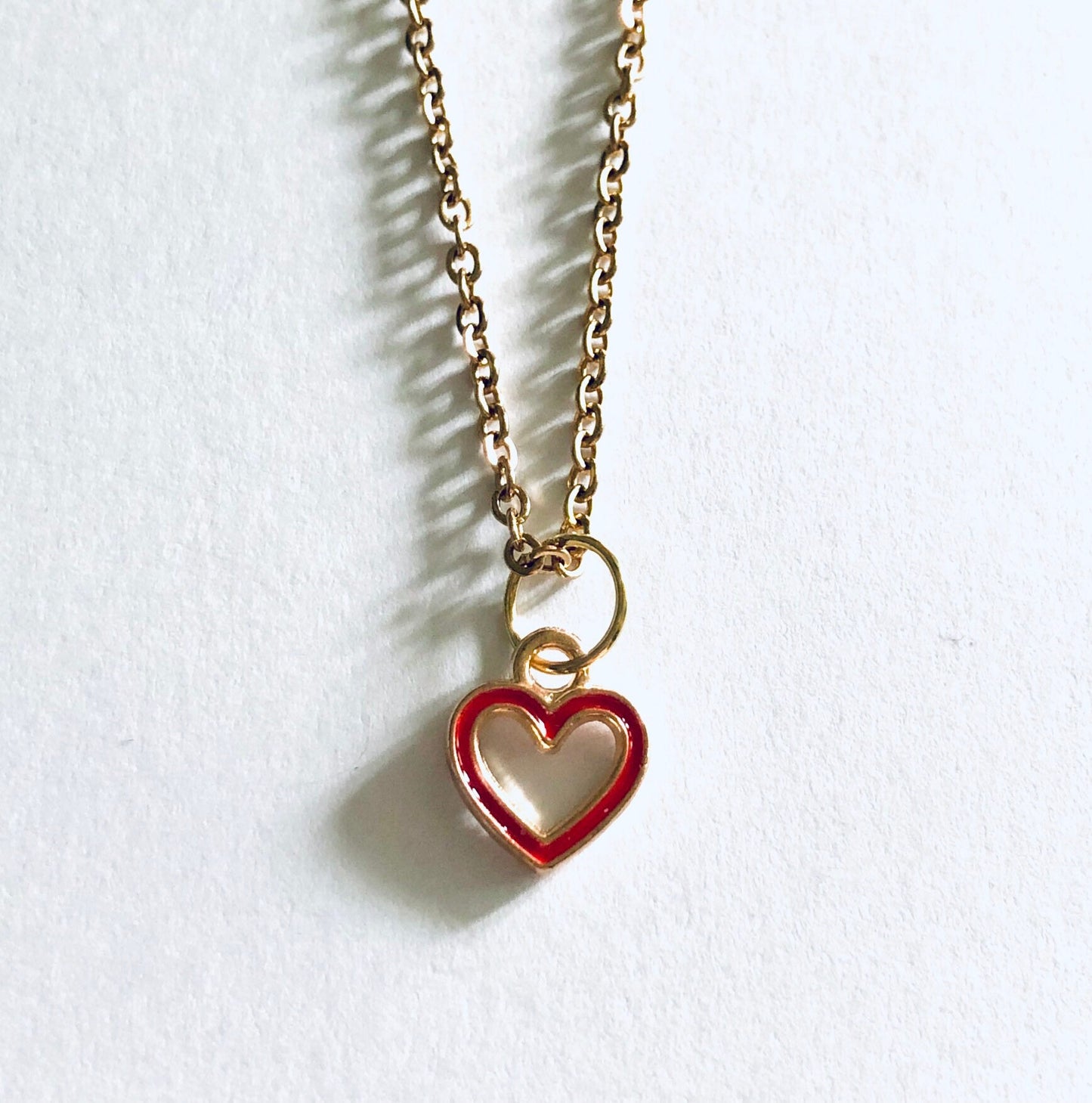 Dainty Gold Heart Necklace, Cutout with Red Outline Heart Charm, Gold Plated Chain Over Stainless Steel, Lovecore aesthetic Valentine’s day