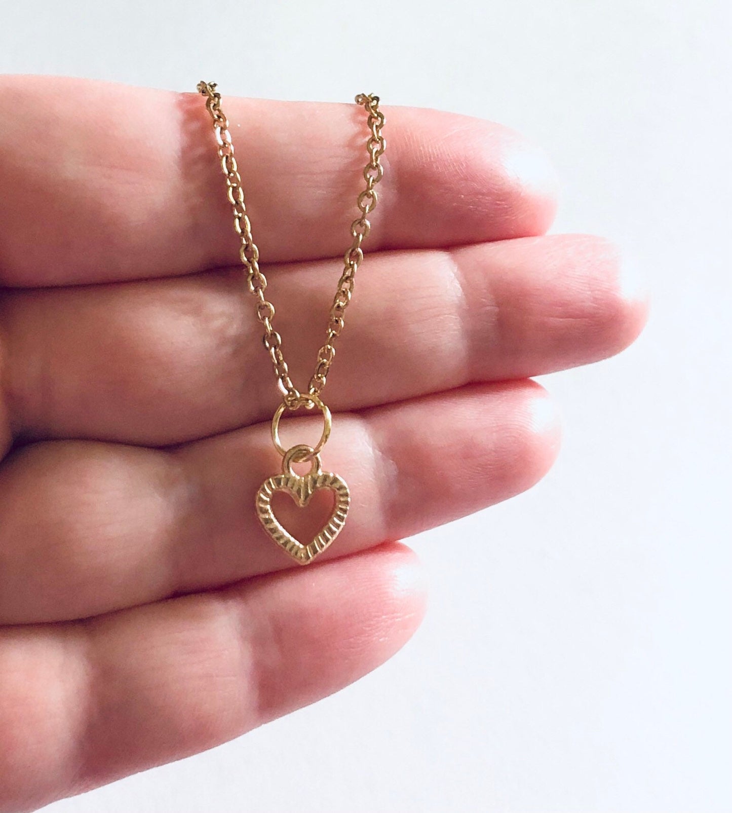 Dainty Gold Heart Necklace, Cutout with Red Outline Heart Charm, Gold Plated Chain Over Stainless Steel, Lovecore aesthetic Valentine’s day