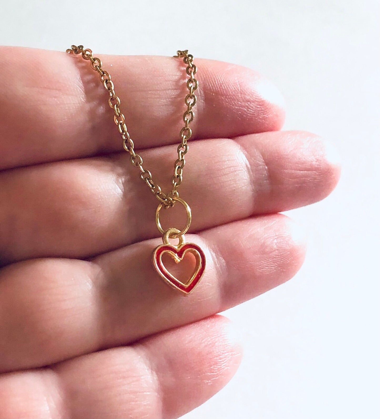 Dainty Gold Heart Necklace, Cutout with Red Outline Heart Charm, Gold Plated Chain Over Stainless Steel, Lovecore aesthetic Valentine’s day