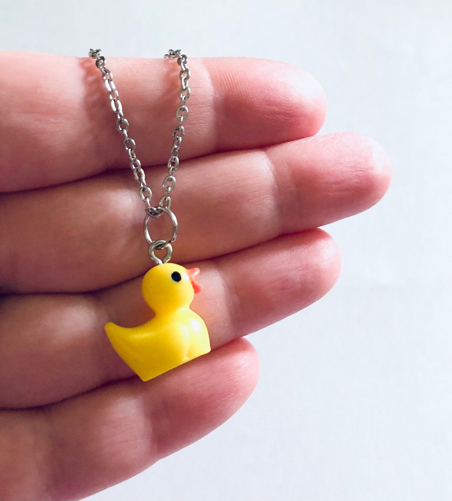 Rubber Duckie Necklace, Resin Yellow Duck Charm on Silver Stainless Steel Chain, Cute Kidcore Aesthetic Indie Girl Egirl Easter