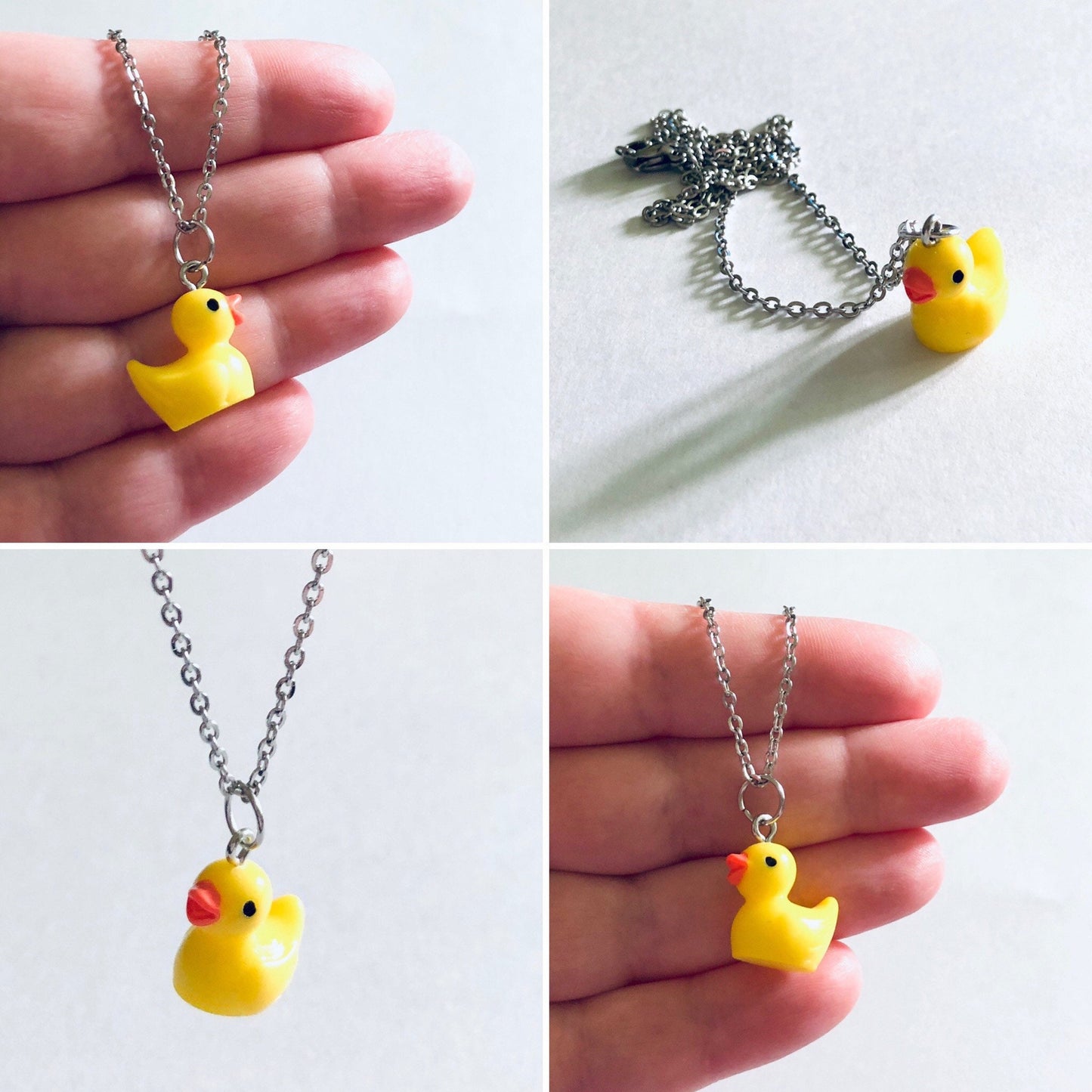 Rubber Duckie Necklace, Resin Yellow Duck Charm on Silver Stainless Steel Chain, Cute Kidcore Aesthetic Indie Girl Egirl Easter