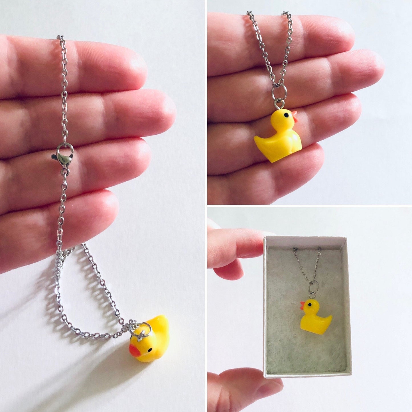 Rubber Duckie Necklace, Resin Yellow Duck Charm on Silver Stainless Steel Chain, Cute Kidcore Aesthetic Indie Girl Egirl Easter