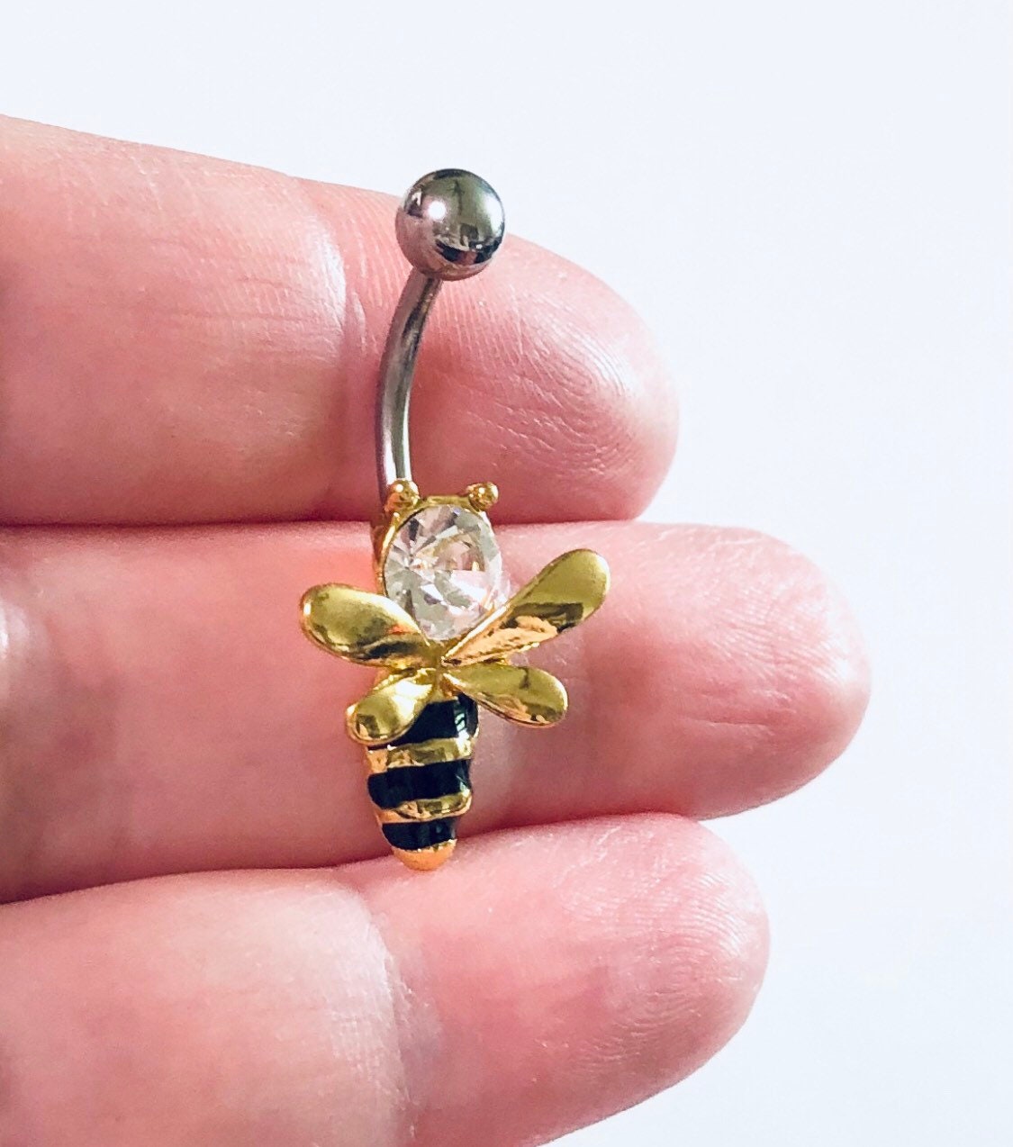 Bee Belly Button Ring Bumble Bee Navel Piercing, Black & Yellow with Clear Rhinestone, Spring Belly Ring, Stainless Steel Body Jewelry