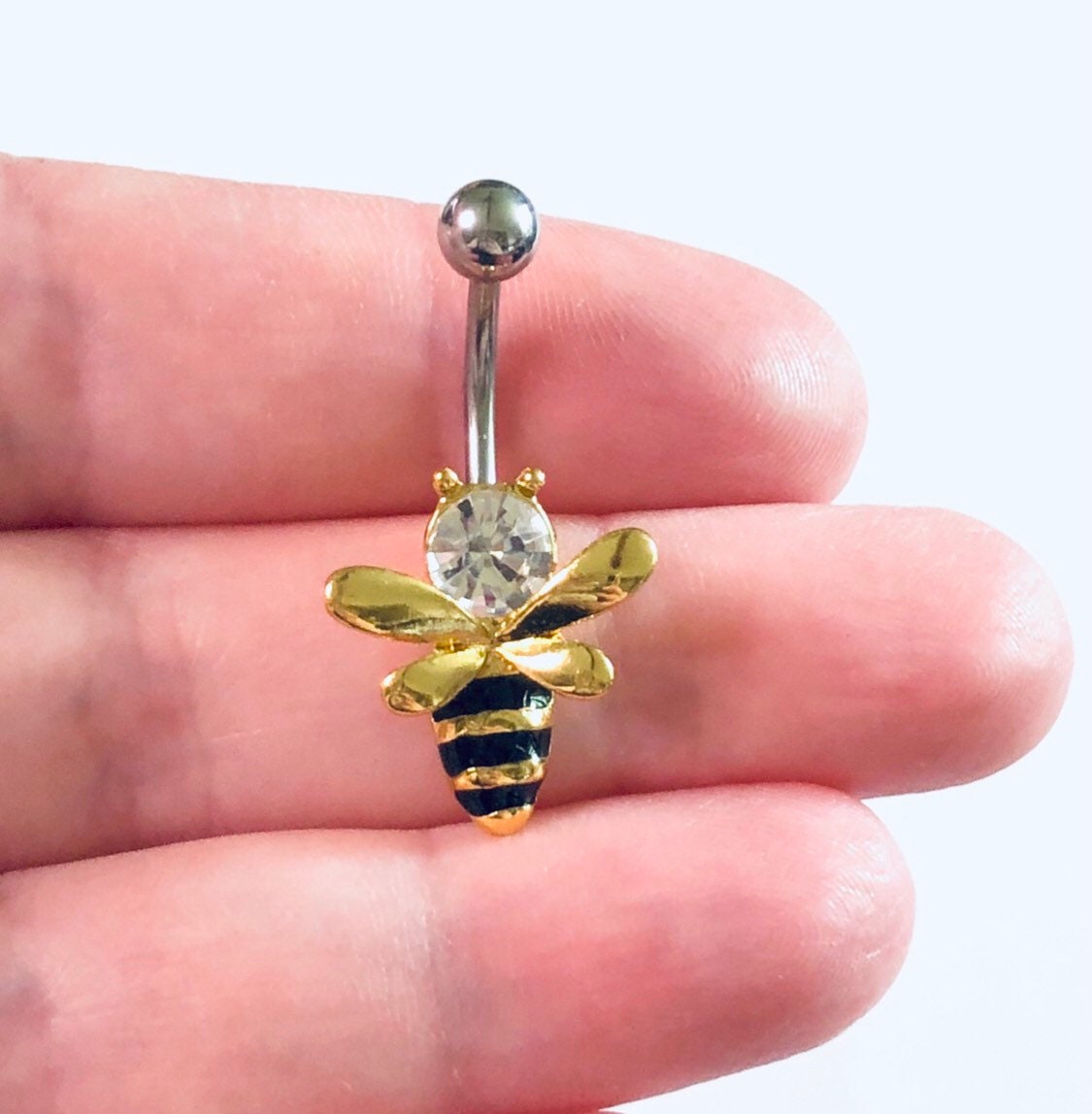 Bee Belly Button Ring Bumble Bee Navel Piercing, Black & Yellow with Clear Rhinestone, Spring Belly Ring, Stainless Steel Body Jewelry