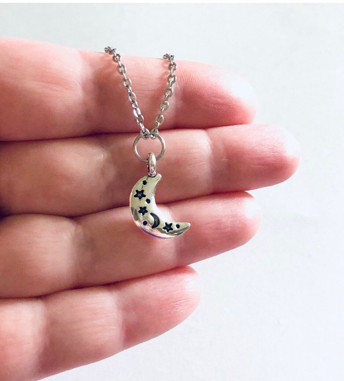 Celestial Moon Necklace, Silver Crescent Moon With Engraved Stars & Moons, Charm Necklace, Dainty Stainless Steel Chain Wicca Witch