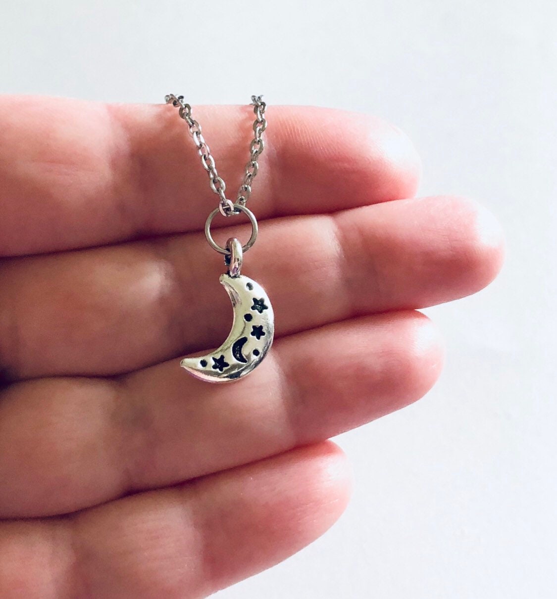 Celestial Moon Necklace, Silver Crescent Moon With Engraved Stars & Moons, Charm Necklace, Dainty Stainless Steel Chain Wicca Witch