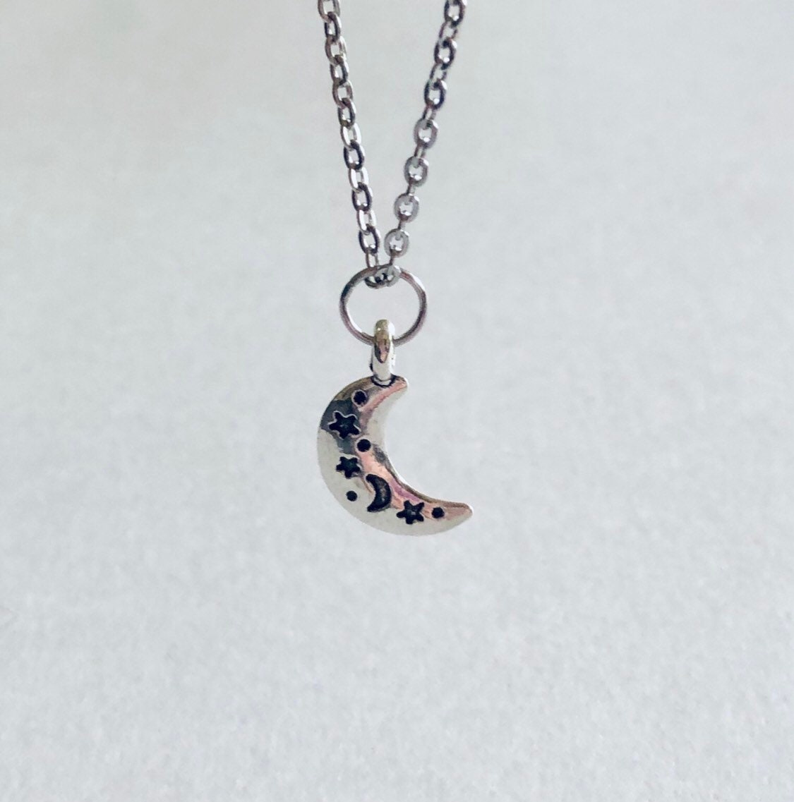 Celestial Moon Necklace, Silver Crescent Moon With Engraved Stars & Moons, Charm Necklace, Dainty Stainless Steel Chain Wicca Witch