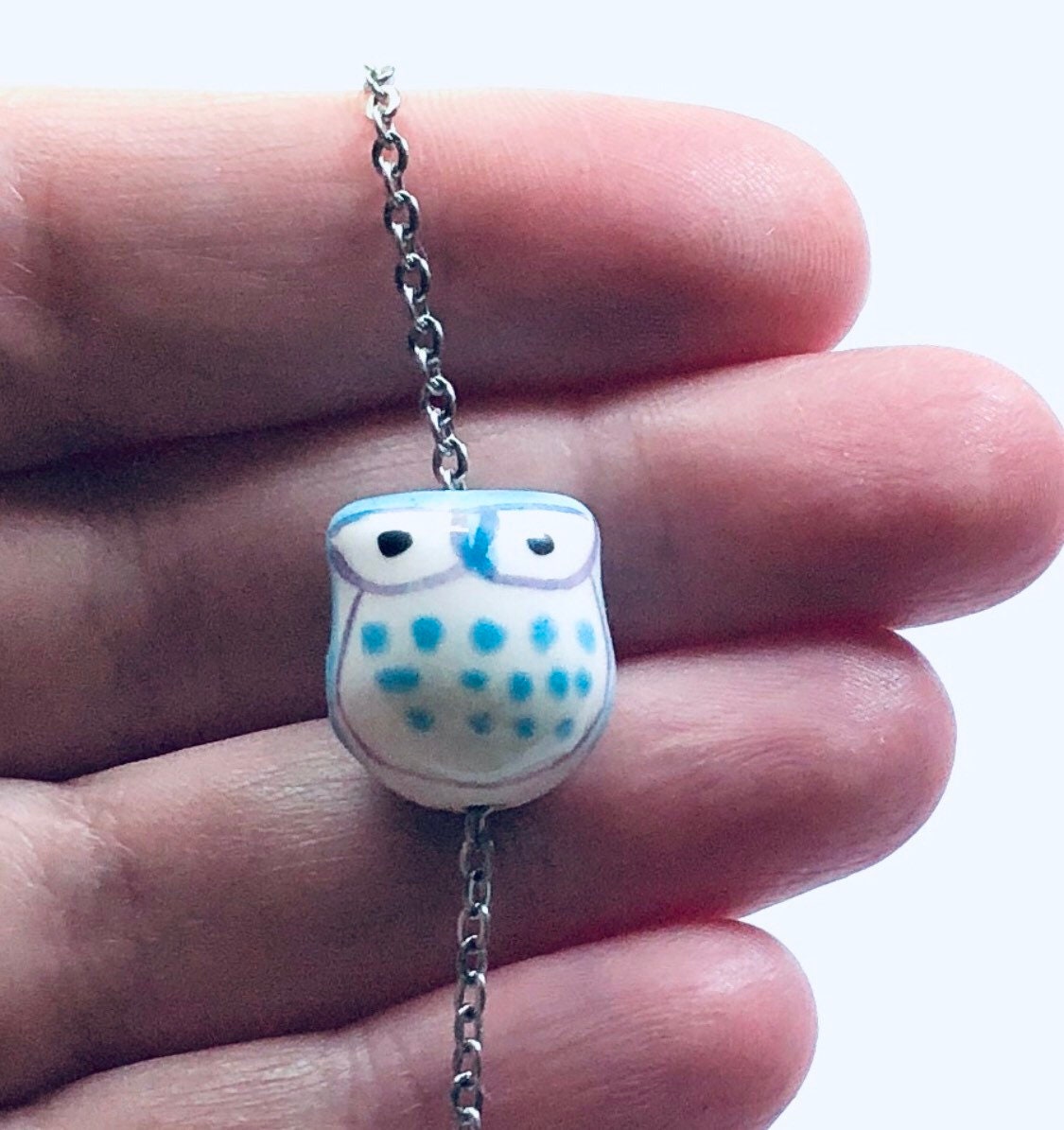 Owl Necklace, Blue & White Ceramic Bird Charm Necklace, Pottery Owls Silver Chain Birds