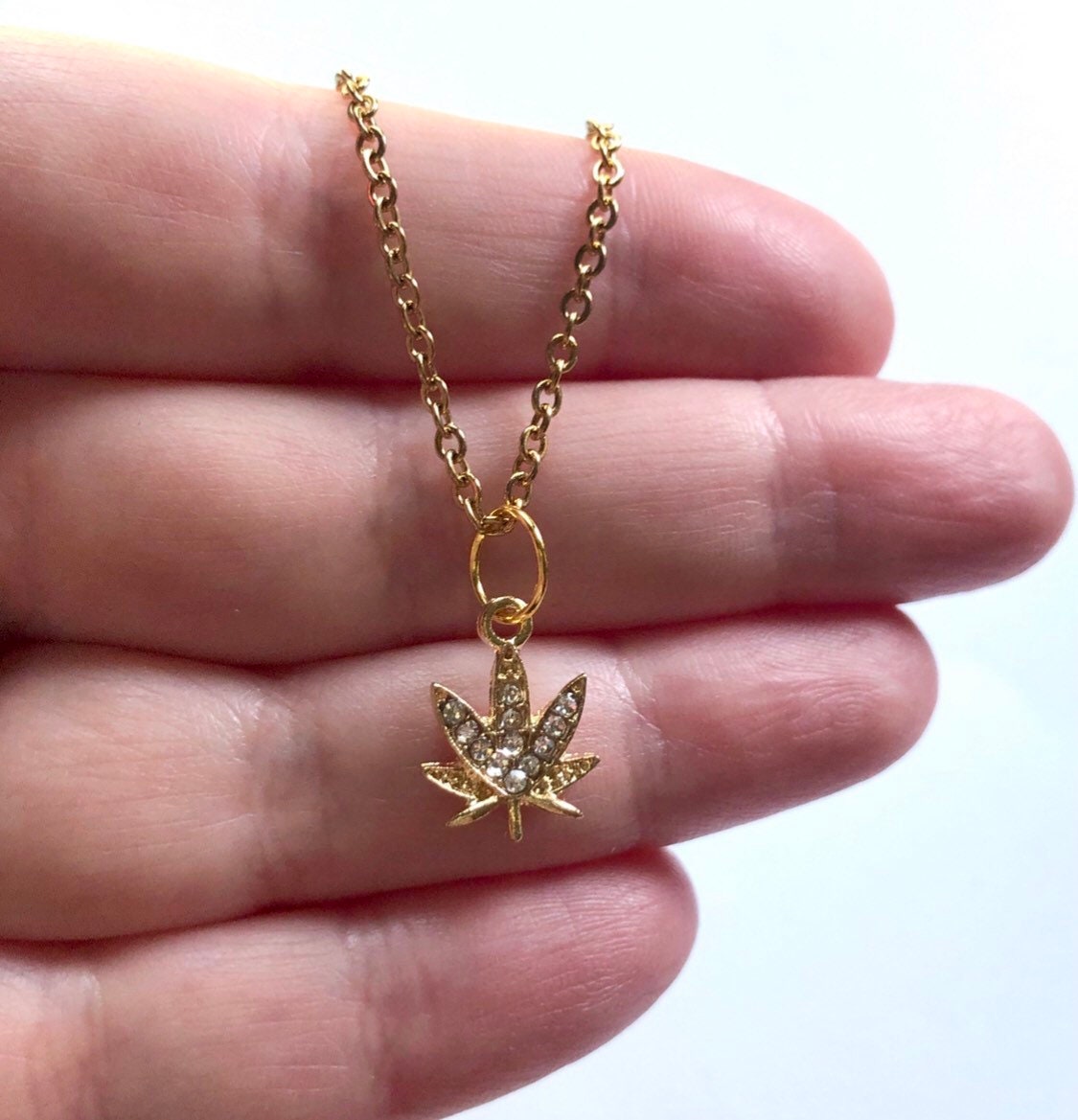 Gold Weed Necklace, Gold Plated Marijuana Necklace with Rhinestones, Canada Maple Leaf Necklace, Herbal Remedy Maple Leaf Nature Boho