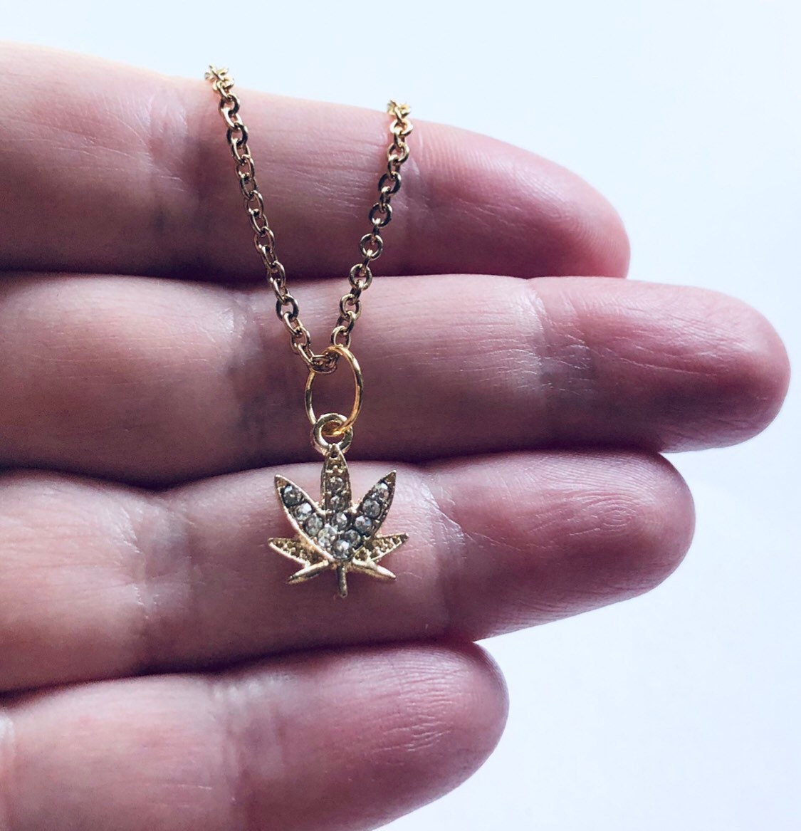 Gold Weed Necklace, Gold Plated Marijuana Necklace with Rhinestones, Canada Maple Leaf Necklace, Herbal Remedy Maple Leaf Nature Boho