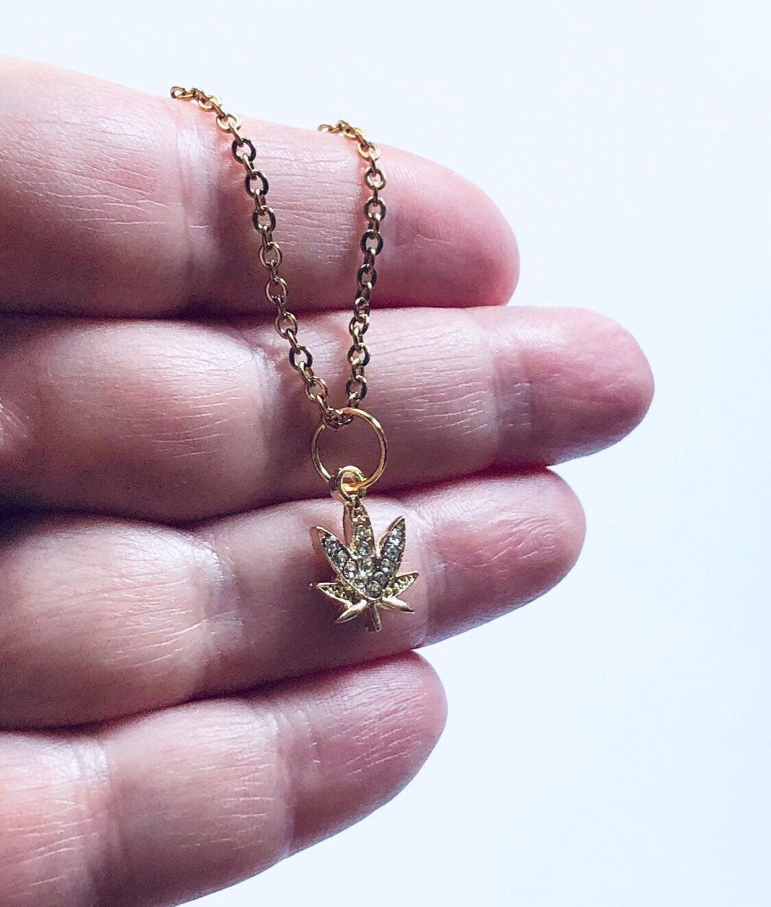 Gold Weed Necklace, Gold Plated Marijuana Necklace with Rhinestones, Canada Maple Leaf Necklace, Herbal Remedy Maple Leaf Nature Boho