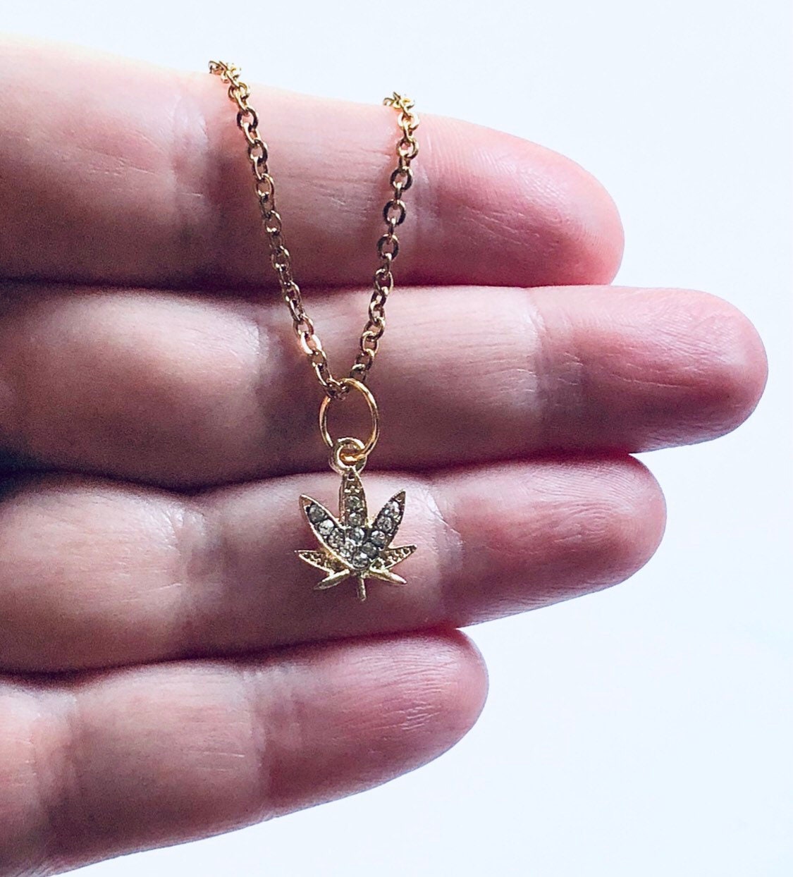 Gold Weed Necklace, Gold Plated Marijuana Necklace with Rhinestones, Canada Maple Leaf Necklace, Herbal Remedy Maple Leaf Nature Boho