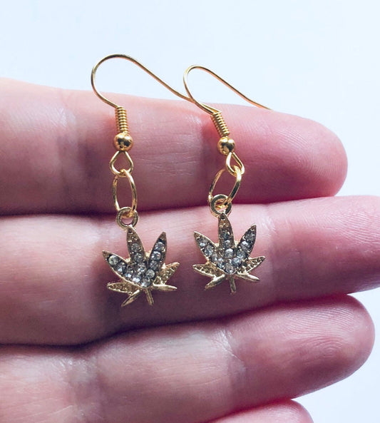 Weed Earrings, Drop Dangle Gold Marijuana Earrings, Canada Maple Leaf, Boho Bohemian Jewelry Festival Fashion Rhinestones