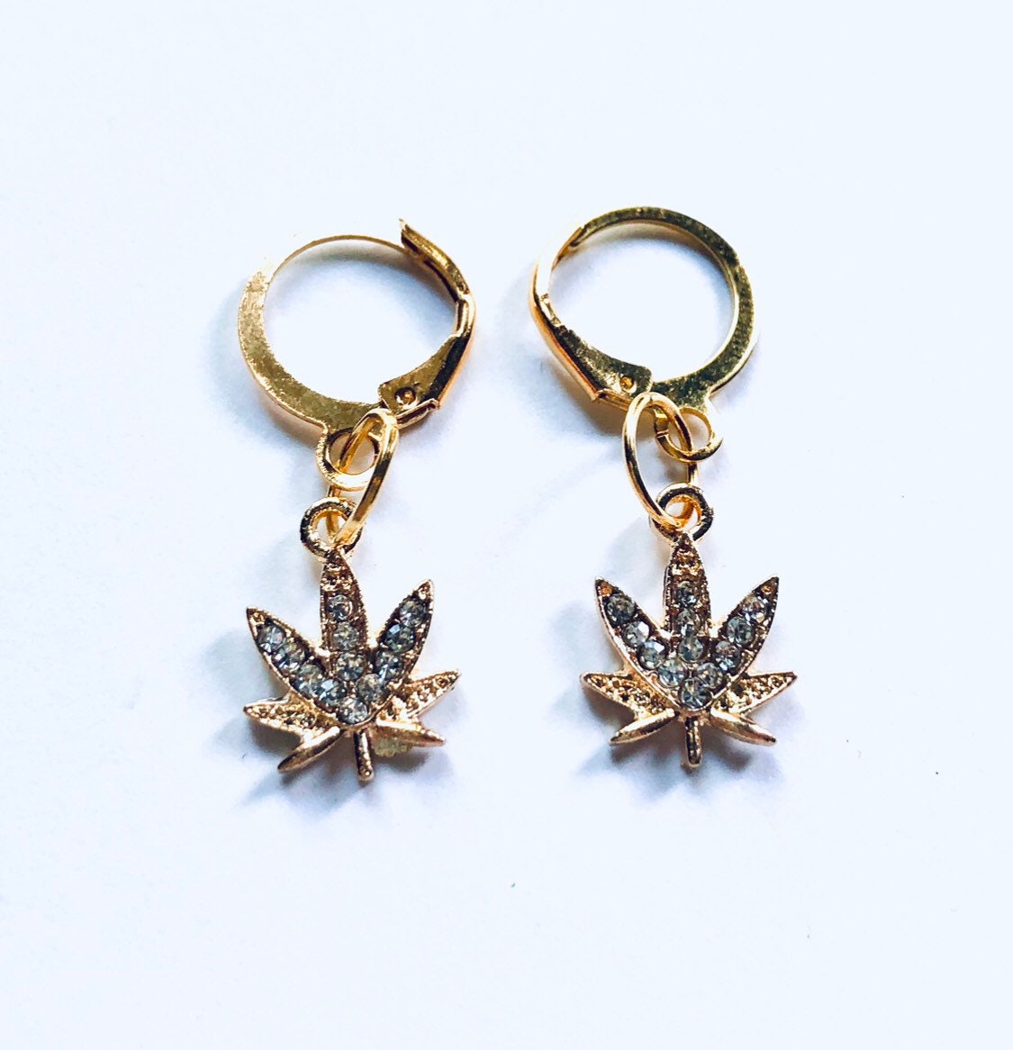 Marijuana Earrings, Gold Huggie Weed Earrings, Maple Leaf Earrings, Weed Gold Mini Hoops, Weed Huggies Herbal Leaf Hippie Boho Jewelry