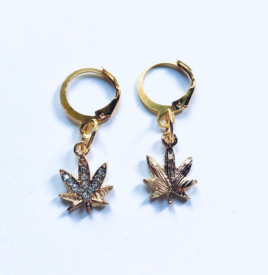 Marijuana Earrings, Gold Huggie Weed Earrings, Maple Leaf Earrings, Weed Gold Mini Hoops, Weed Huggies Herbal Leaf Hippie Boho Jewelry