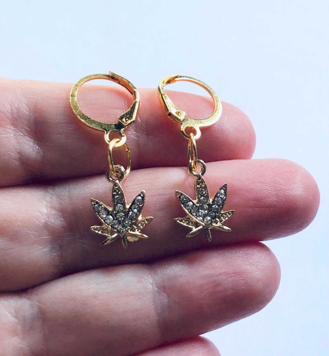 Marijuana Earrings, Gold Huggie Weed Earrings, Maple Leaf Earrings, Weed Gold Mini Hoops, Weed Huggies Herbal Leaf Hippie Boho Jewelry