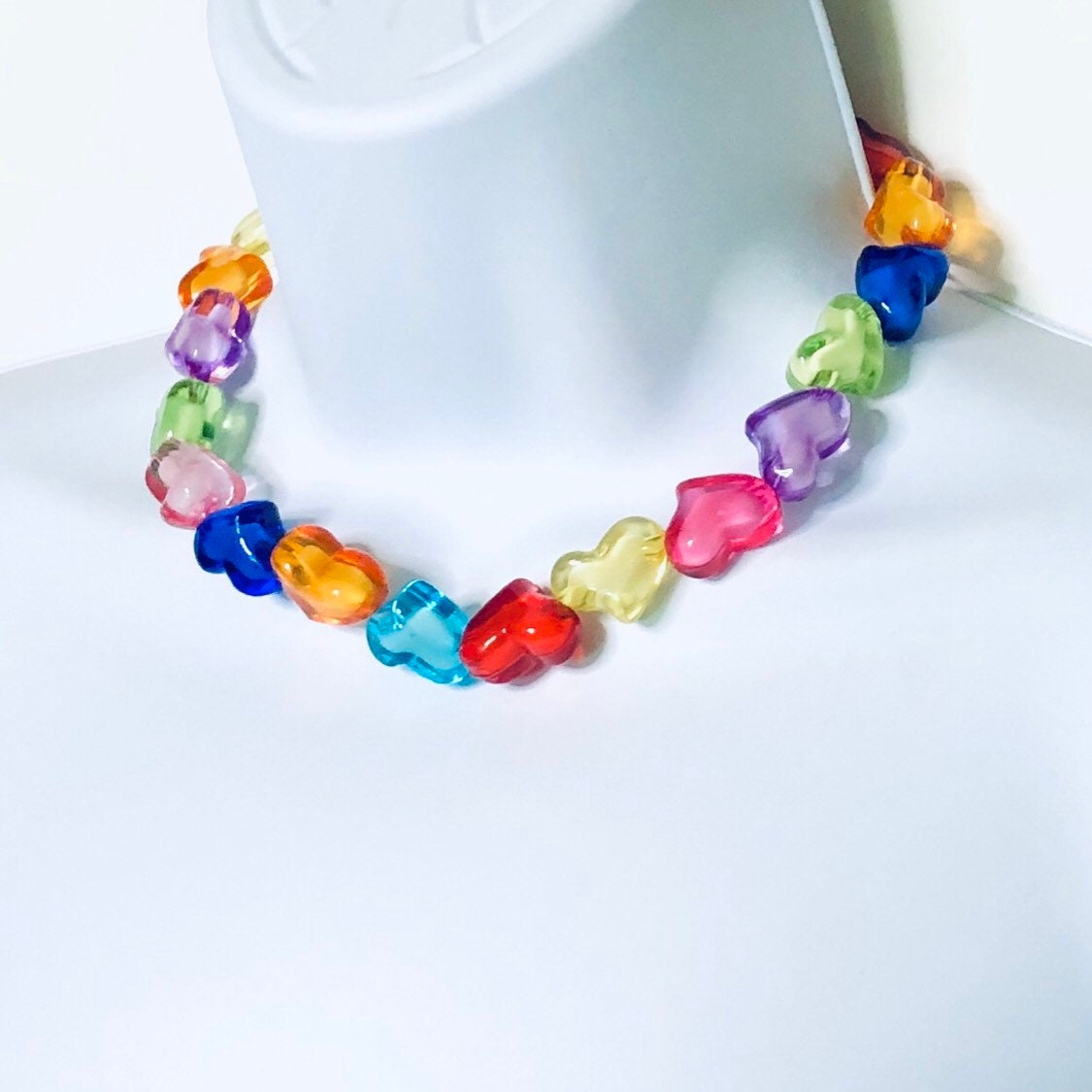 Rainbow Candy Hearts Choker Beaded Necklace, Kawaii Kidcore Aesthetic Lolita Love Bead Necklace Y2K Style Jewelry